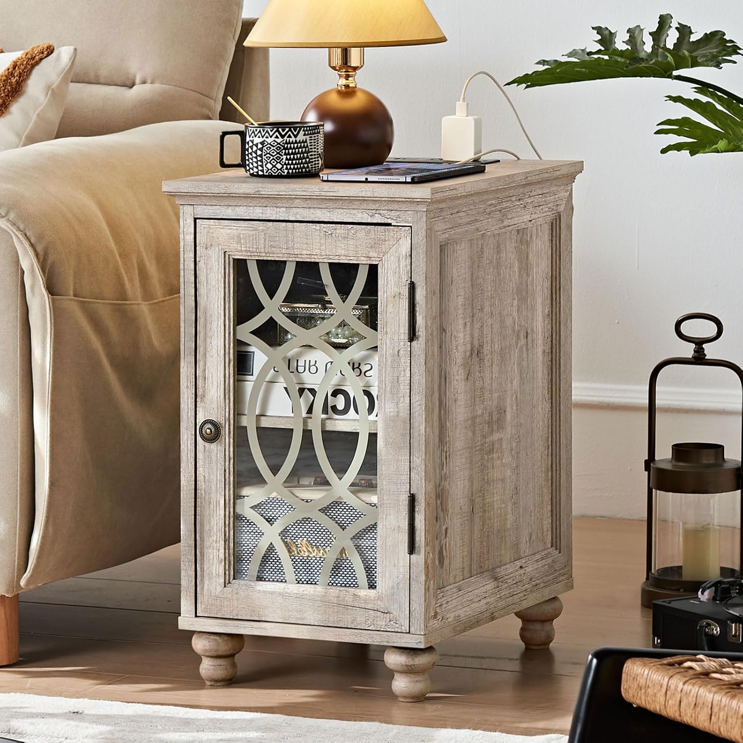 Narrow Side Table with Charging Station Set of 2, Night Stand with Glass Door,Bedside End Tables with Adjustable Shelf Storage Cabinet,Wood Nightstand for Small Spaces Living Room Bedroom with Charger Grey Oak 2