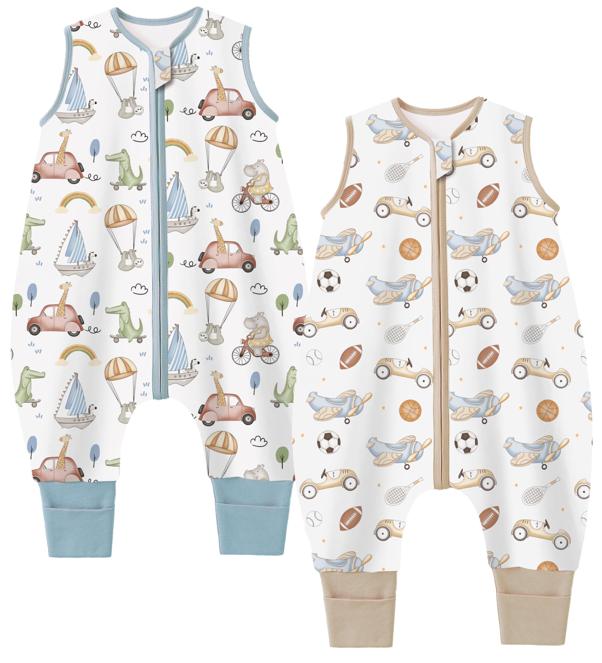 Teechodina Baby Schlafsack mit Füßen 2er Pack 100% Baumwolle 1.5 Tog Baby Schlafsack mit Beinen für kleine Kinder, 1.5 Tog/Park + Tierpark, 100cm/Baby Höhe 110-120cm