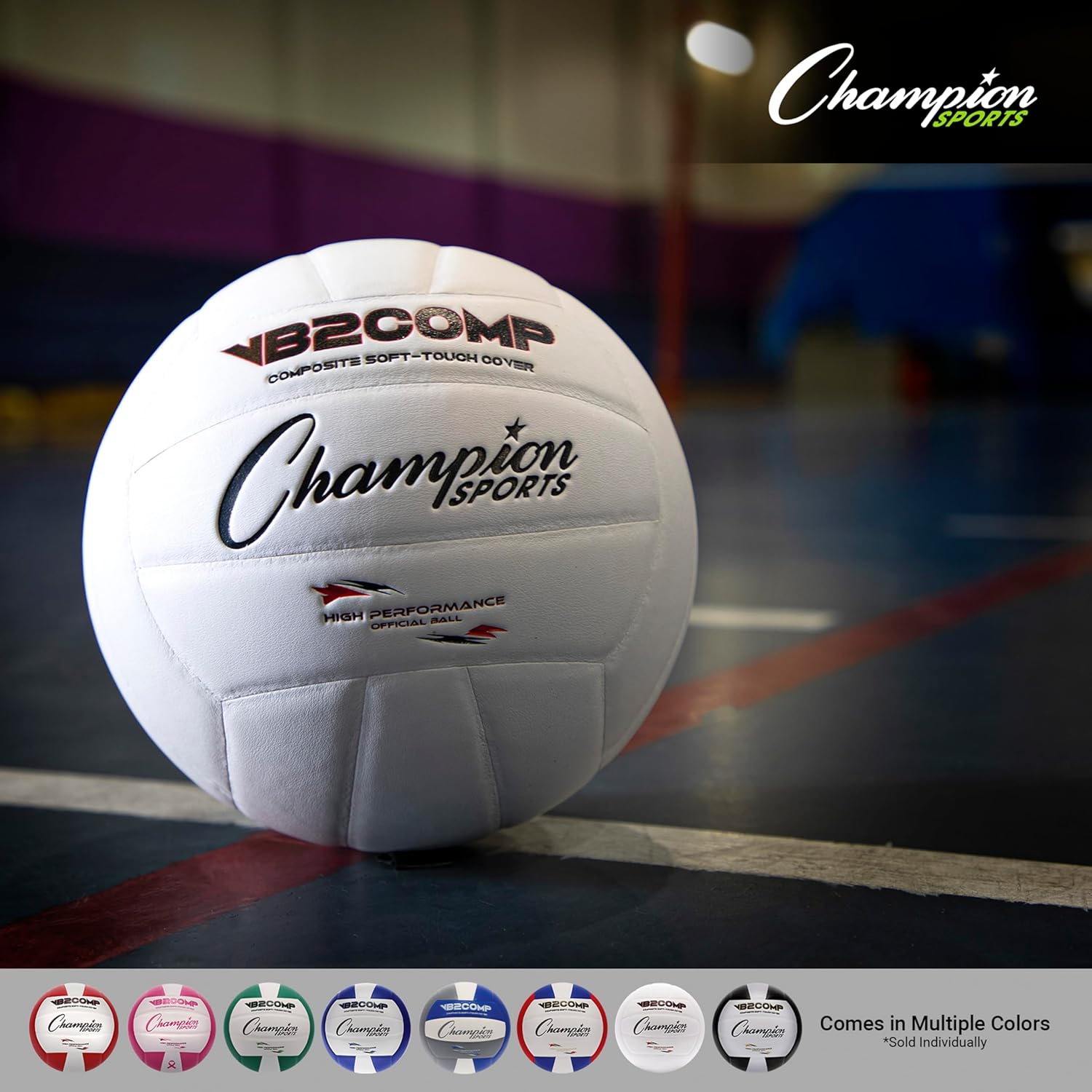 Champion Sports VB Pro Comp Indoor Volleyball – Official Size, Soft-Touch Composite Leather, Blue/Gray/White