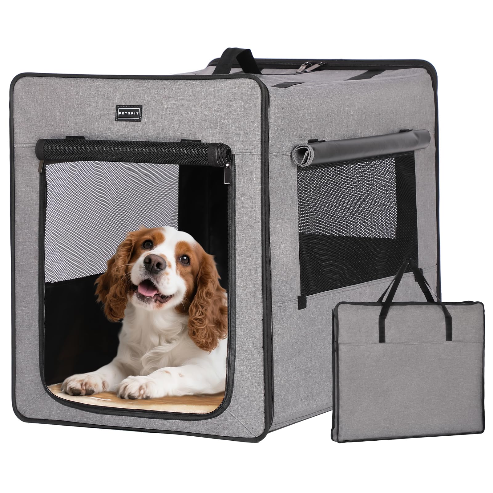 Petsfit Soft Dog Crate , Portable Travel Crate, Lightweight Fabric Dog Kennel with Three Sides Mesh Window and Food Pocket for Medium and Large Dogs, Light Grey