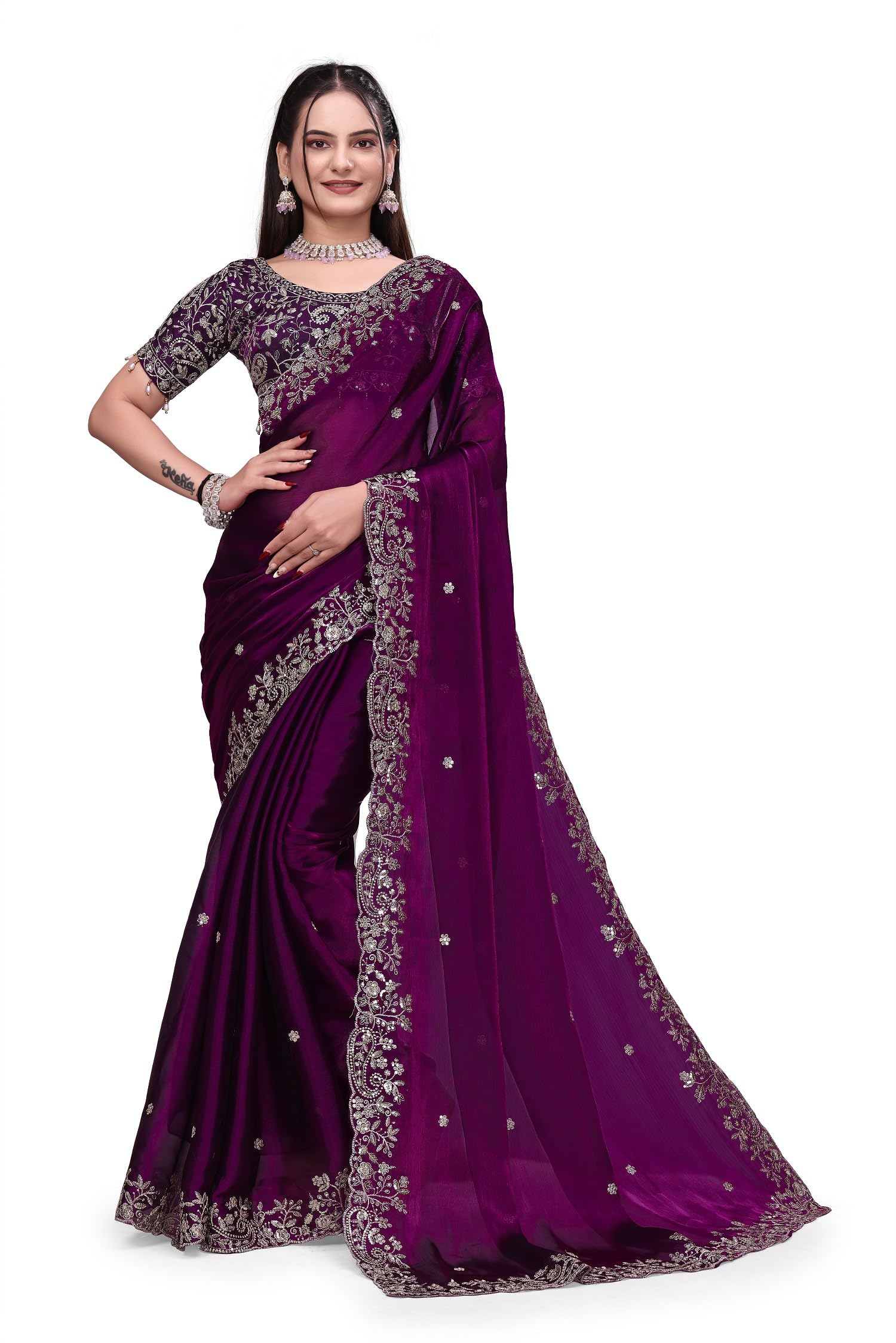 glamglee Women's Embroidered Designer Saree with Heavy Work Blouse | Elegant Party Use Saree for Wedding, Festival, Reception & Special Occasions | Traditional Ethnic Saree-picture-12