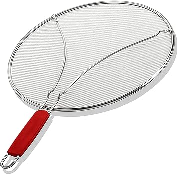 ALPHA LIVING Splatter Guard for Frying Pan & Food Strainer and Universal Cookware 13 inches - Stops 99% of Hot Oil Splash - RED Handle - Splatter Screen for Cooking