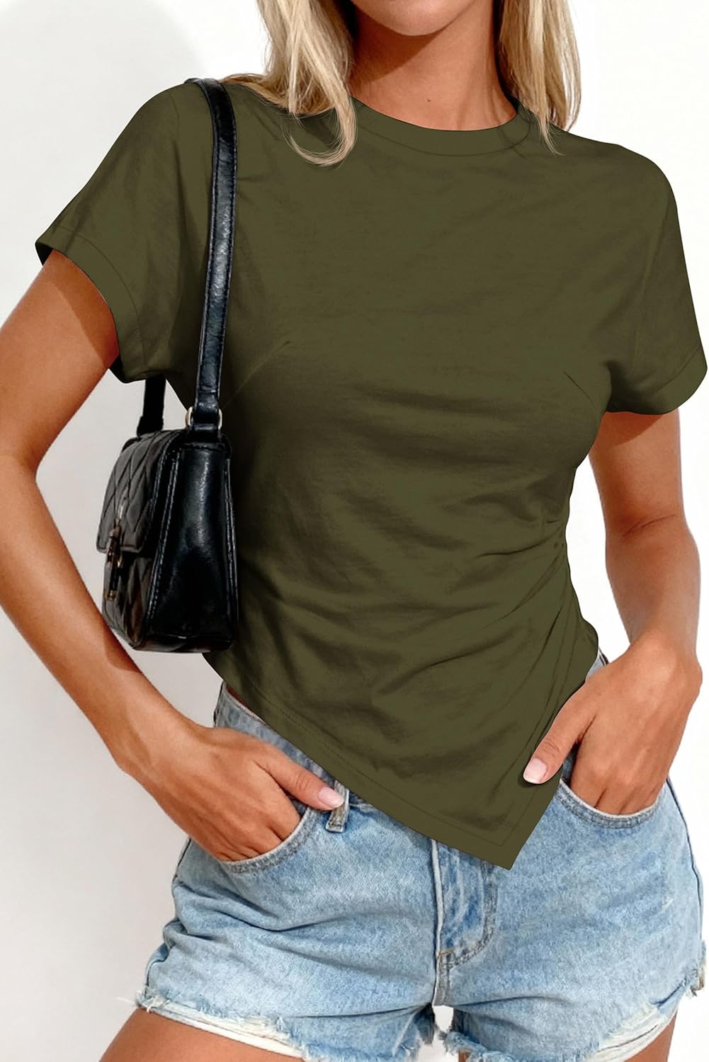 PRETTYGARDEN Womens Asymmetrical Tops 2026 Spring Summer Going Out Shirts Y2K Short Sleeve Crew Neck Ruched Trendy Clothes - Image 2