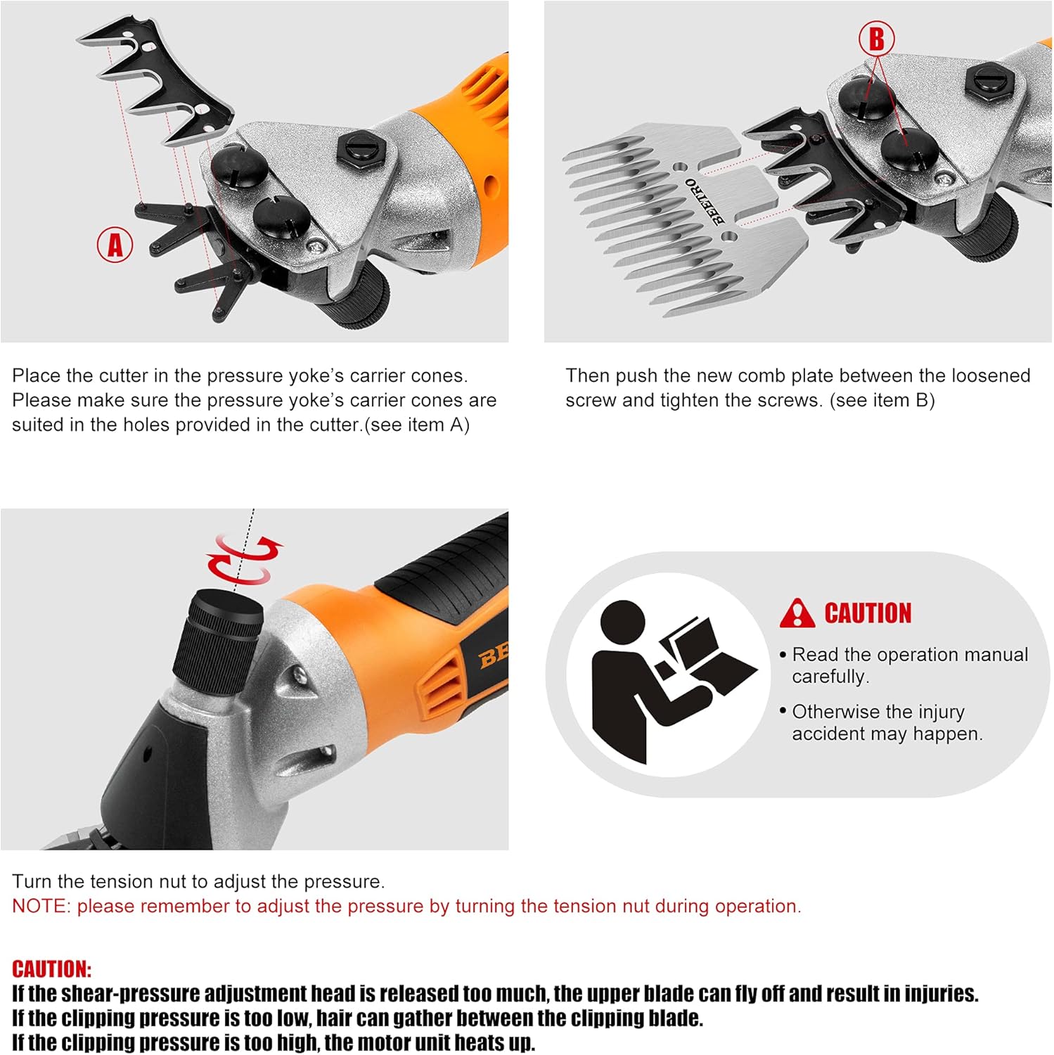 Diagram showing how to install the cutter and comb blades onto the shearing head.