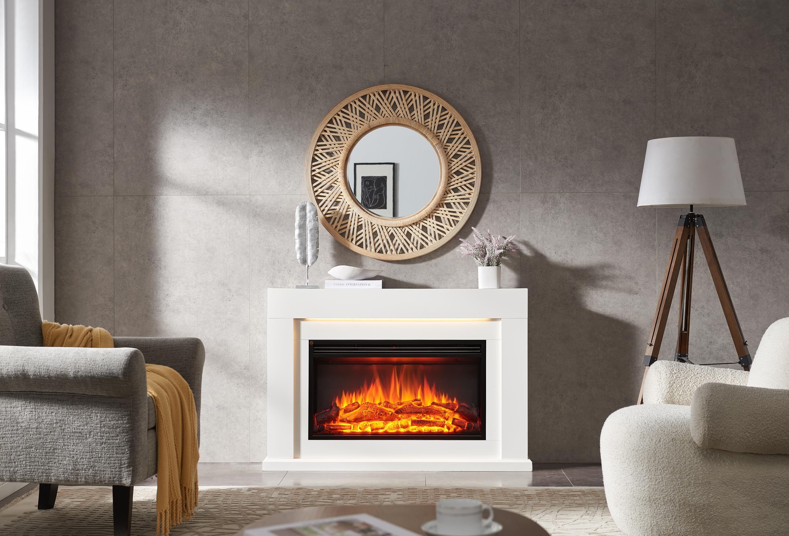 BALDERIA camino elettrico Xerses | Caminetto elettrico da terra con effetto fiamma 3D | Riscaldamento elettrico 2000W, luce LED | Focolare elettrico con telecomando, termostato, timer | Grigio cemento
