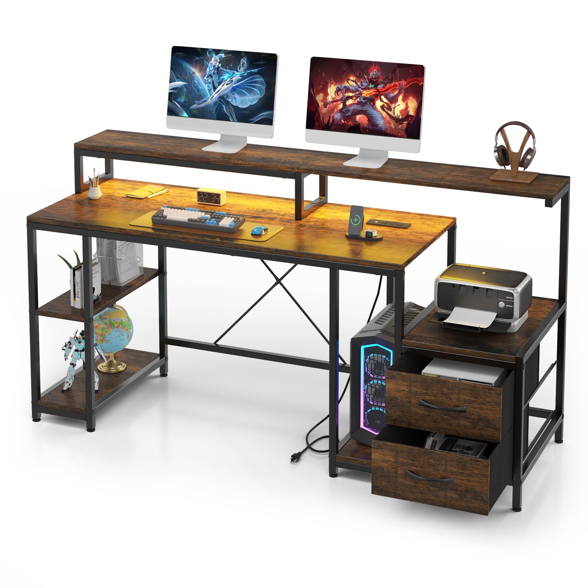 Computer Desk 63'' with LED Light & Power Outlets, Home Office Desk with Monitor Stand and Printer Space, Gaming Desk with Drawers and Storage Shelves for Study Work Game, Brown