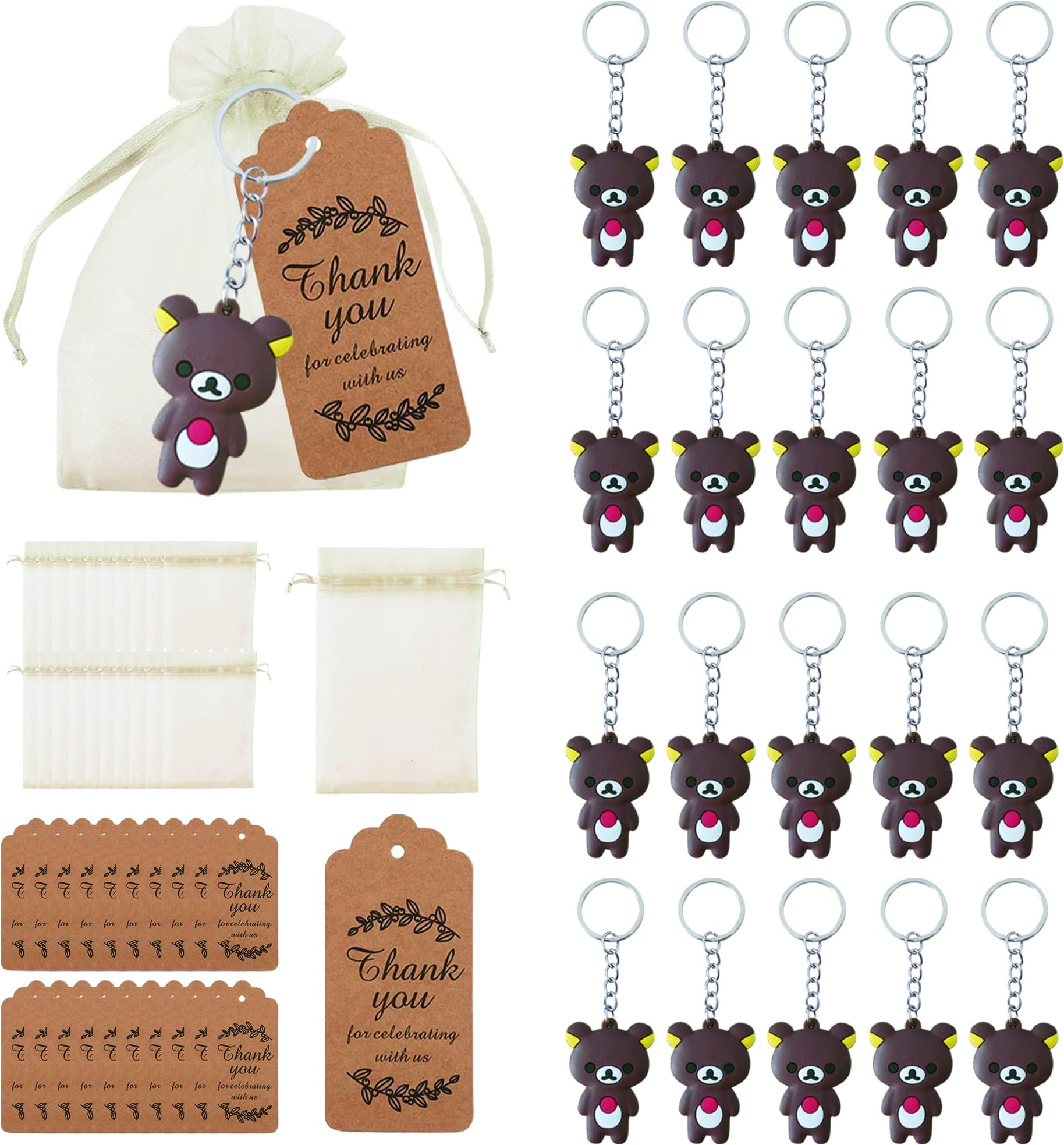 20Pack Baby Shower Return Favors Bear Keychains Organza Bags Thank You Kraft Tags for Return Favors Party School Reward Birthday Party Supplies