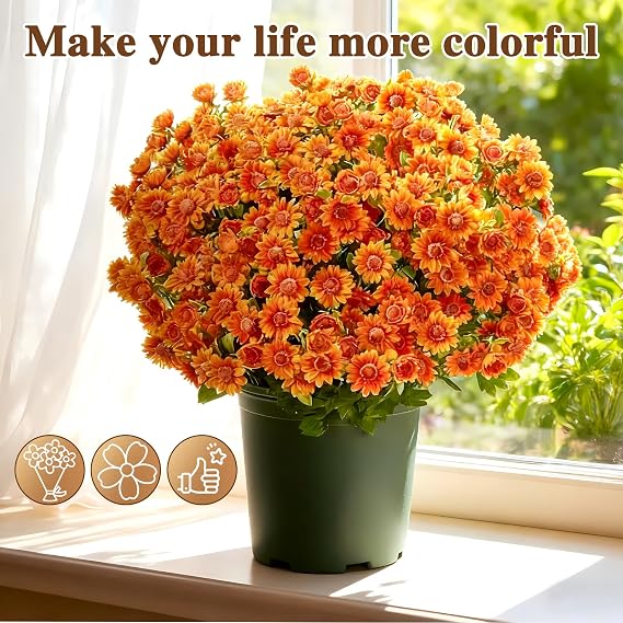 5 Bundles Artificial Mums for Outdoors, Artificial Sunset Mums, UV Resistant No Fade for Outside Porch Garden Pots Planters Autumn Fall Decor