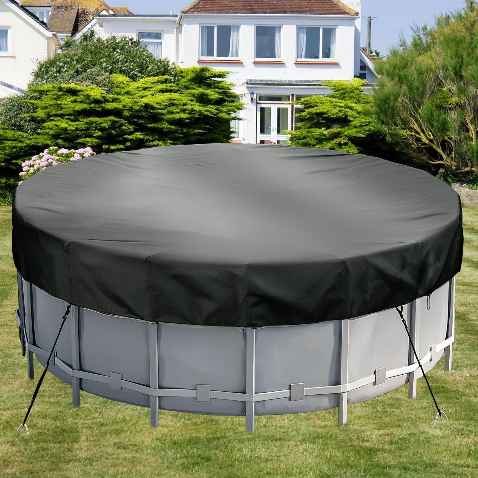 10FT Round Swimming Pool Cover, Heavy Duty 420D Oxford Fabric Garden Swimming Pool Dust Cover with Drawstring, Waterproof Round Pool Cover with Windproof Ropes and Ground Stakes