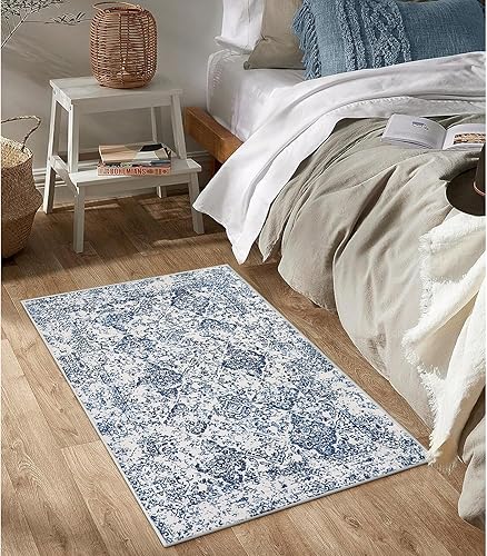 Miniatura 4 de Lahome Alfombras marroquíes florales para entrada, alfombra de 2 x 3 pies, suave, azul, pequeña, antideslizante, para entrada interior, alfombra