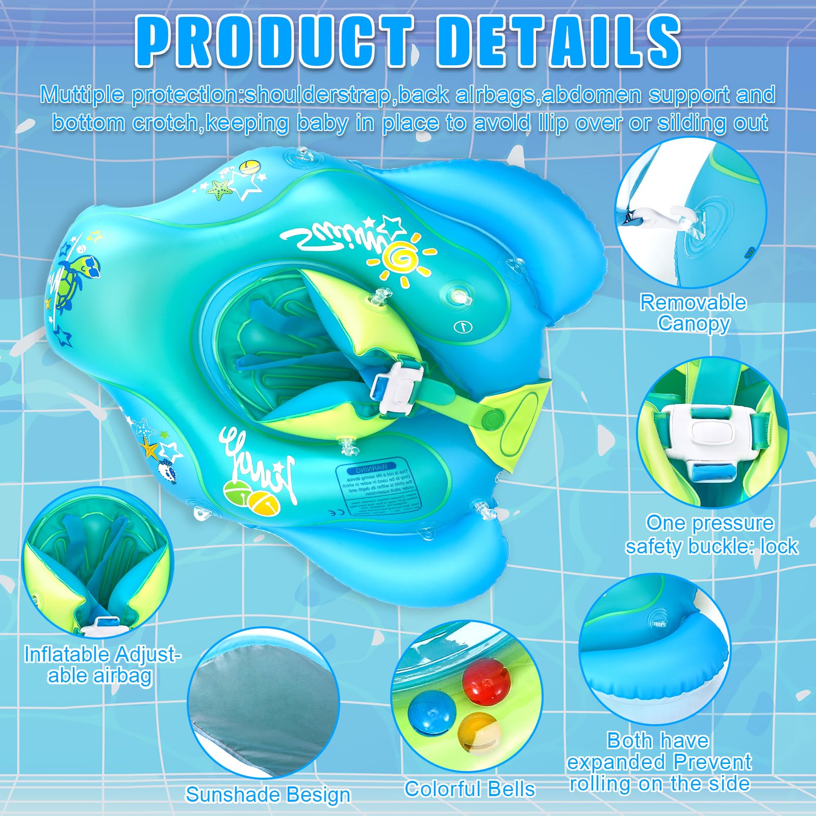 BUOAZR Bouée Bébé Avec Pare-Soleil SPF50+ - Flotteur Piscine Siège Gonflable 6-36 Mois, Sécurité Et Confort