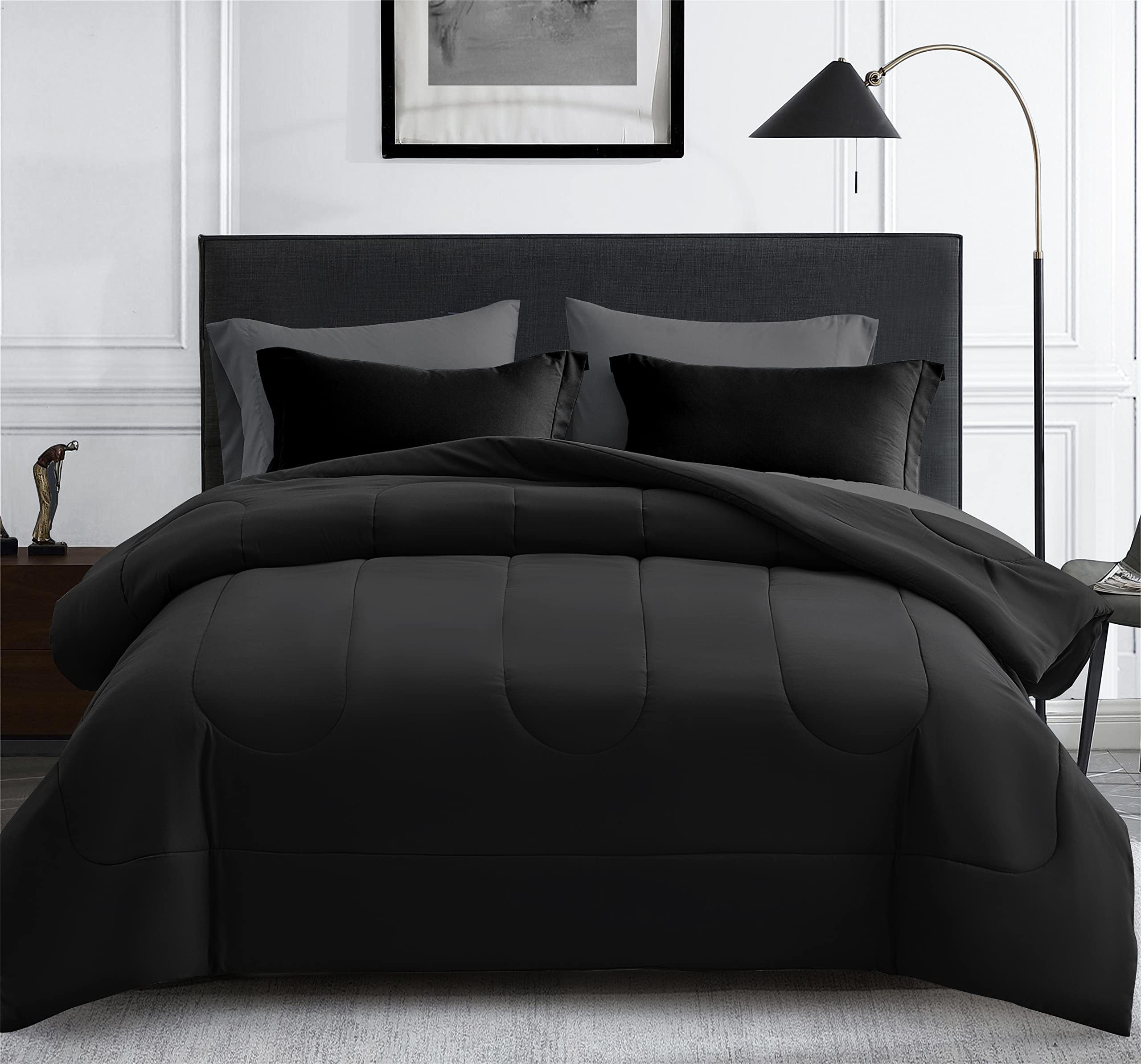 Maple&Stone Full Size Comforter Set 7 Pieces Bed in a Bag - Down Alternative Bed Set with Sheets, Pillowcases & Shams, Soft Reversible Duvet Insert,Black