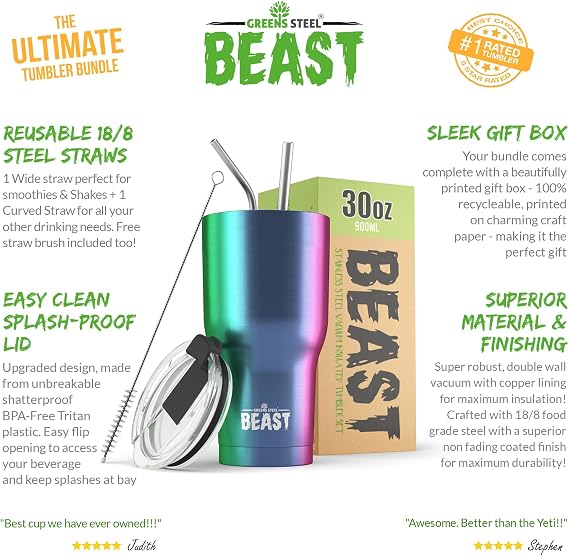 BEAST 30 oz Rainbow Tumbler Set with Handle - Stainless Steel Coffee Cup + 2 Straws Brush, Gift Box & Black Handle