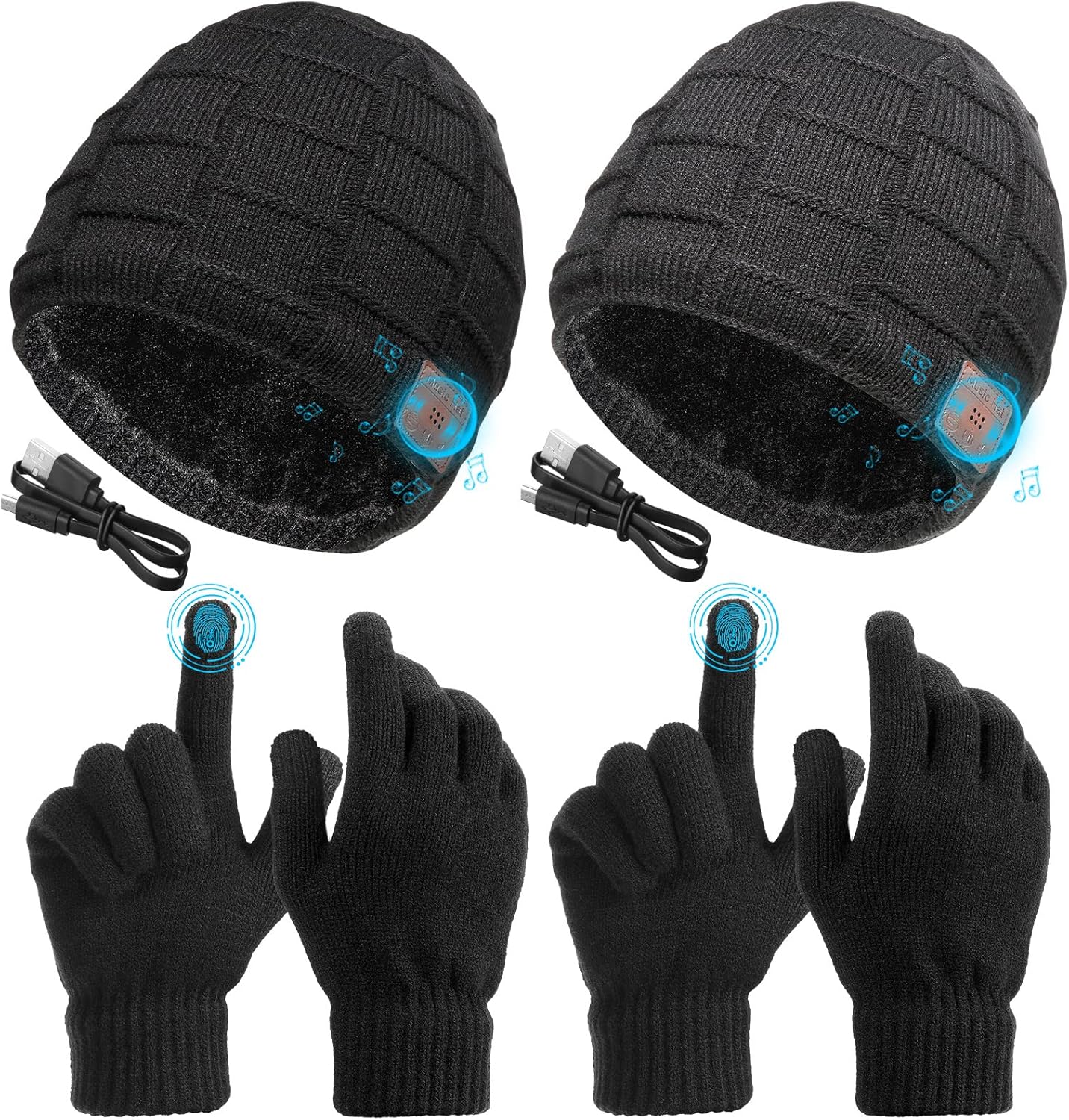 Honoson 4 Pcs Bluetooth Compatible Beanie Sets Wireless Winter Beanie Hats Touchscreen Knit Stretch Gloves for Christmas