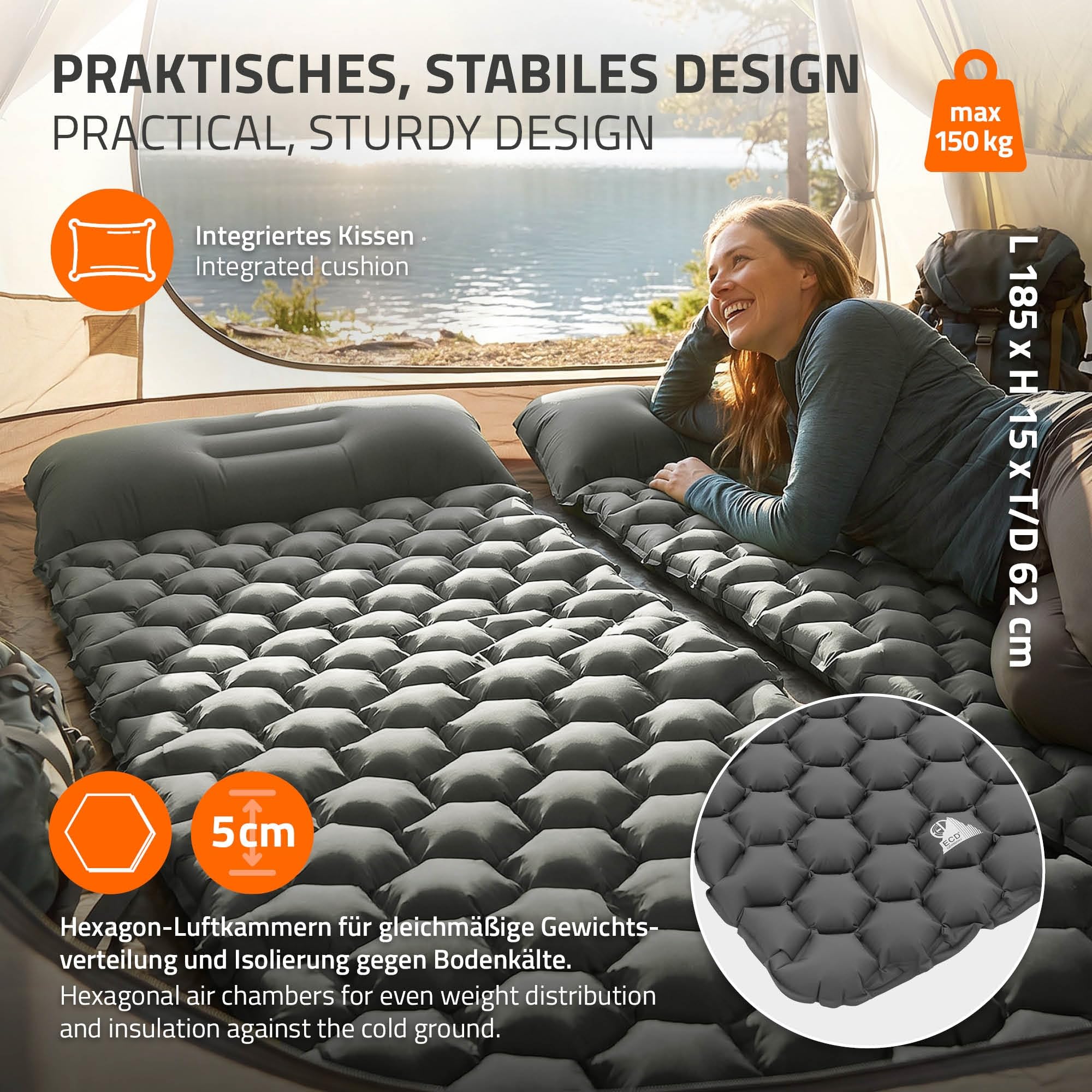 ECD Germany Colchoneta Camping Inflable Ultraligera, Esterilla Hinchable Portátil y Compacta con Almohada Integrada, Verde/Gris, Colchón Individual Plegable para Tienda de Campaña, Playa, Senderismo