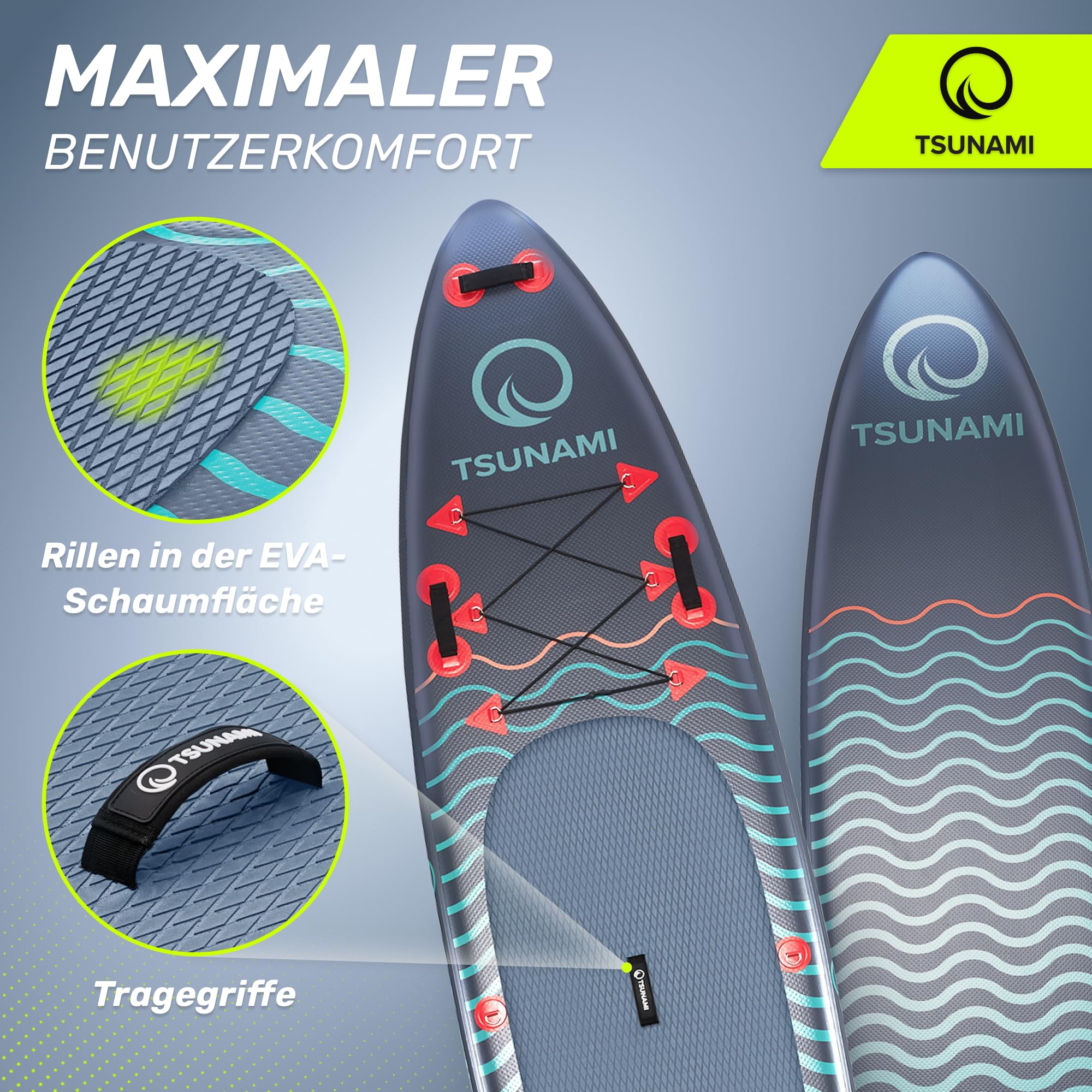 TSUNAMI Stand Up Paddling Board Model T, SUP-Board mit Komplettes Zubehör, Board-Tasche, Pumpe und Sicherheitsleine, Tragkraft bis 150kg, Länge 350 cm, für Erwachsene und Jugendliche Aller Niveaus