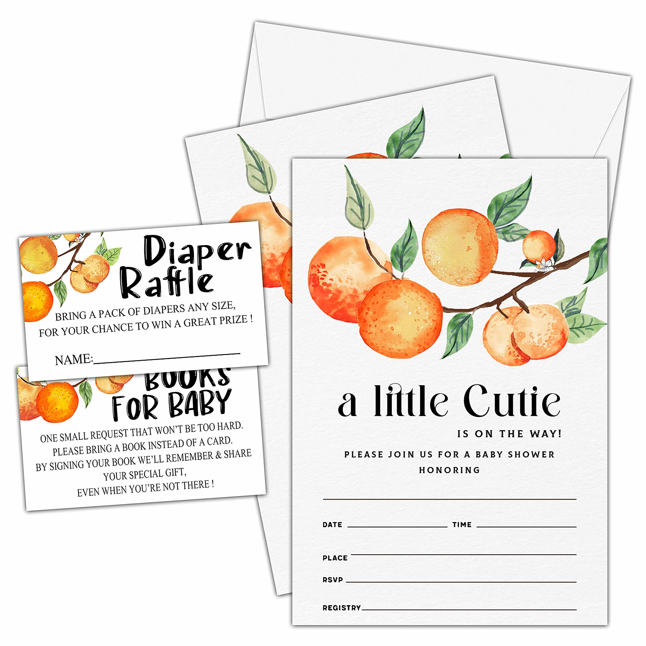 TIOFUNO Set of 25 Baby Shower Invitations, Little Cutie Gender Reveal Party Invites with Envelopes, Book Request Cards, Diaper Raffle Tickets for