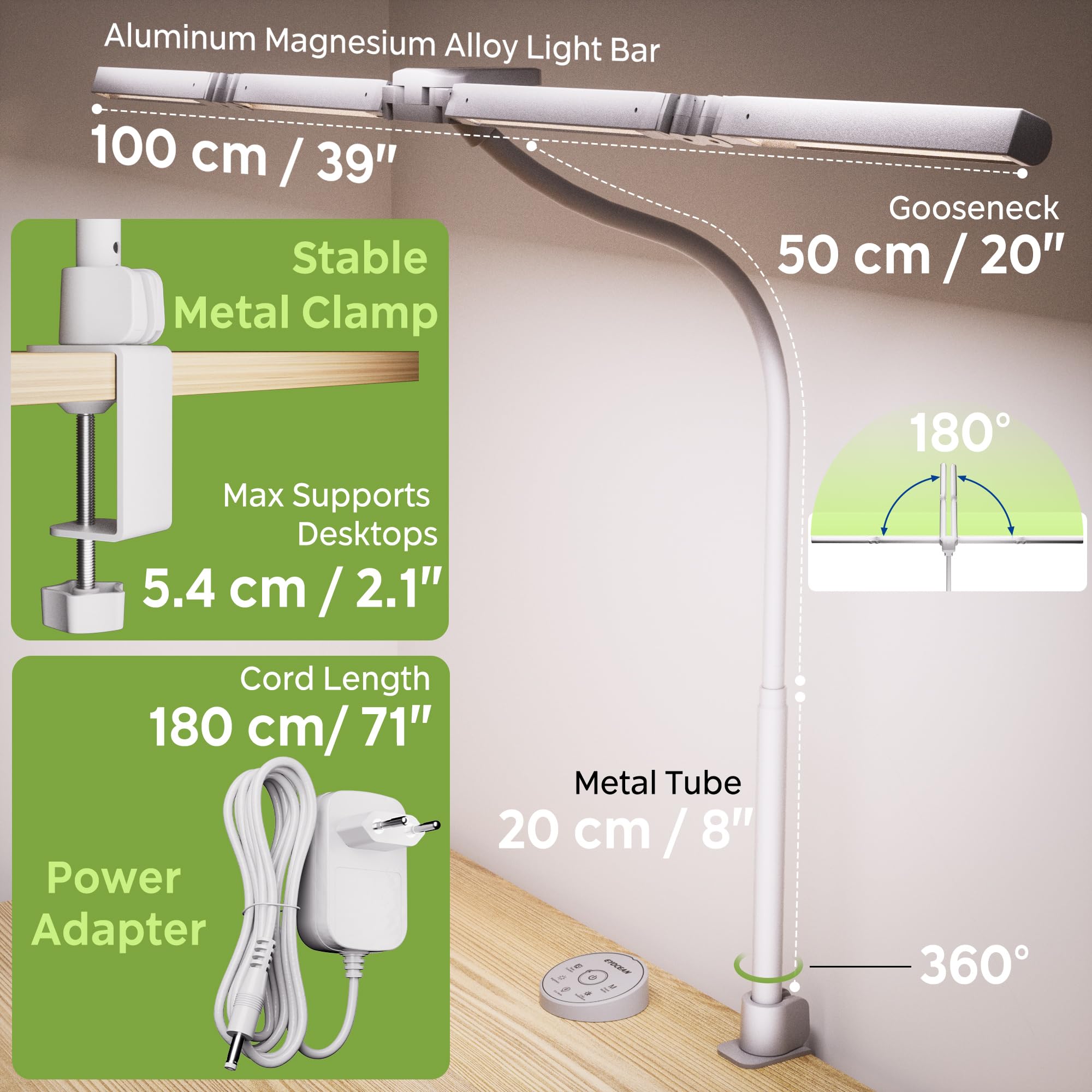 EYOCEAN Lampada da scrivania, lampada da scrivania con 4 sorgenti luminose, 24 W, 100 cm, luce diurna da scrivania con telecomando, lampada da monitor dimmerabile, a collo di cigno, lampada da tavolo