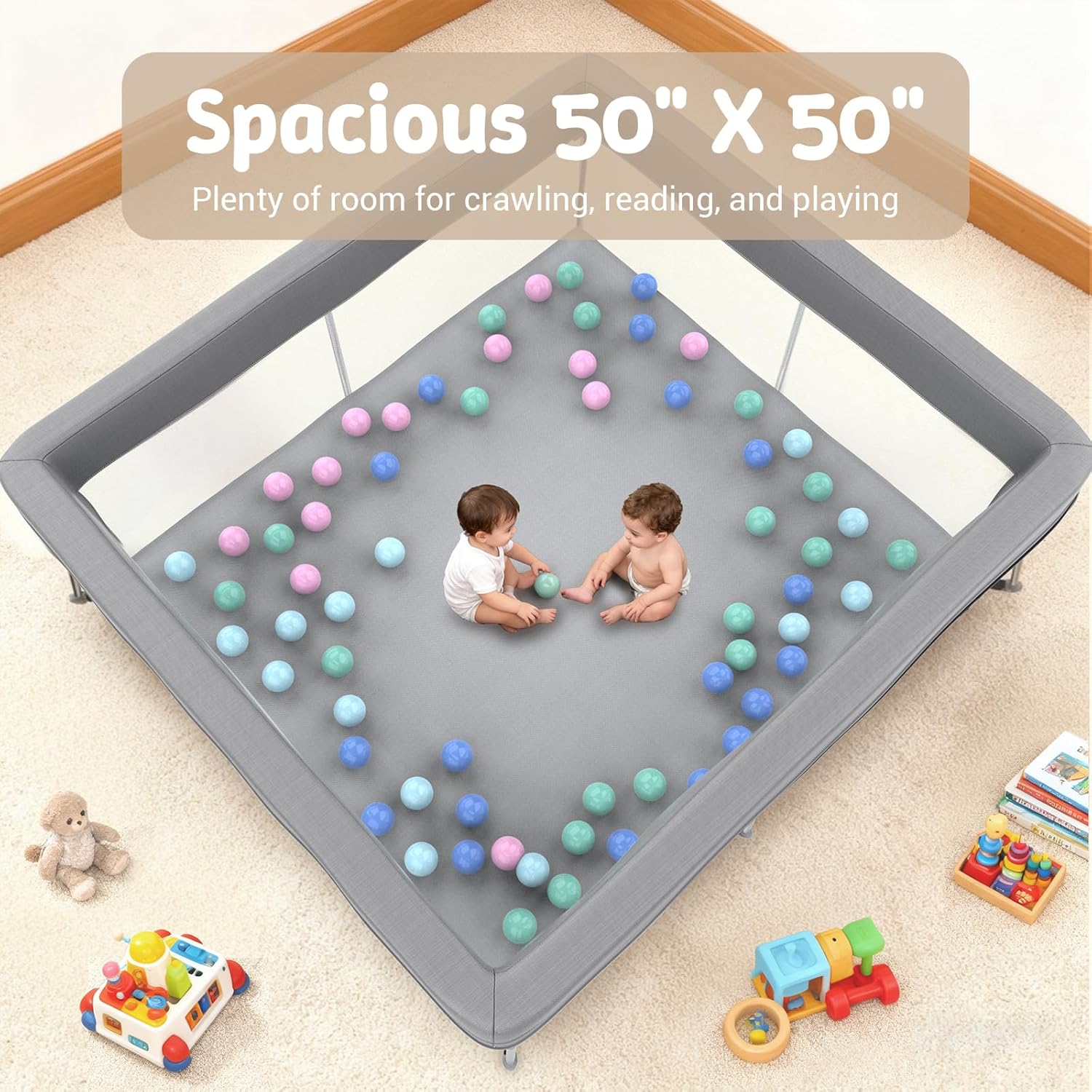 Foldable Baby Playpen, 50"×50" Collapsible Play Yard for Babies and Toddlers, No Assembly Required, Kids Safety Play Area with 4 Handles, 50 Balls and Visible Mesh, Grey
