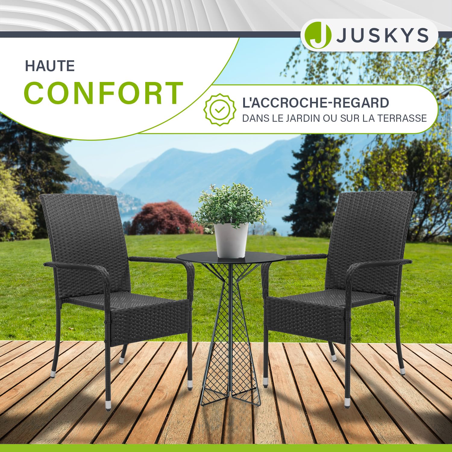 Set De 4 Chaises Jardin Yoro Juskys - Rotin Noir Empilable | Accoudoirs | Charge 160kg | Pour Terrasse, Balcon