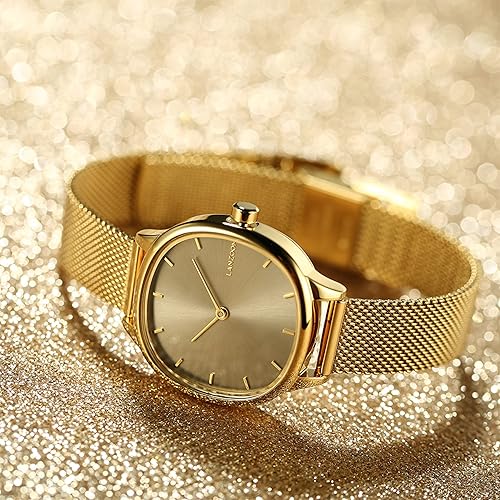 Miniatura 6 de LANZOOM Reloj retro de cuarzo para mujer, caja de acero inoxidable, relleno de oro, regalo ideal para vacaciones y ocasiones especiales.