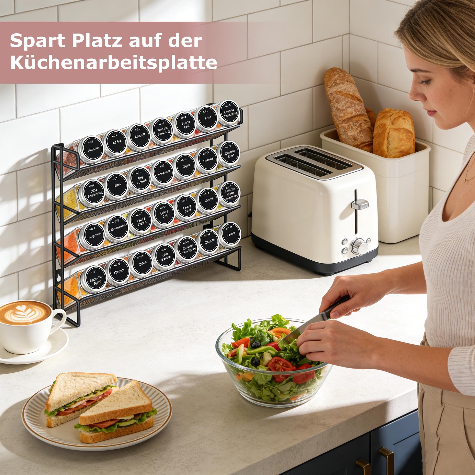 4 Stöckiges Gewürzregal Stehend & Wand 28 Leere Gewürz Organizer mit Gestell und 432 Gewürzetiketten, Spice Rack Gewürzregal Ohne Bohren für Küchen, Schrank, Speisekammer (Packung mit 2)