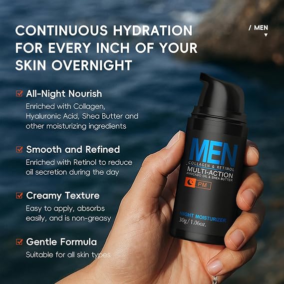 Men Hydrating Night Cream, Daily Moisturizer with Collagen & Retinol, Oil Control, Firm & Lift Hydrating Cream for Face & Body, Reduce Fine Lines, Strengthen Skin Barrier, 1.06 oz.
