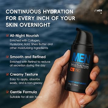 Men Hydrating Night Cream, Daily Moisturizer with Collagen & Retinol, Oil Control, Firm & Lift Hydrating Cream for Face & Body, Reduce Fine Lines, Strengthen Skin Barrier, 1.06 oz.
