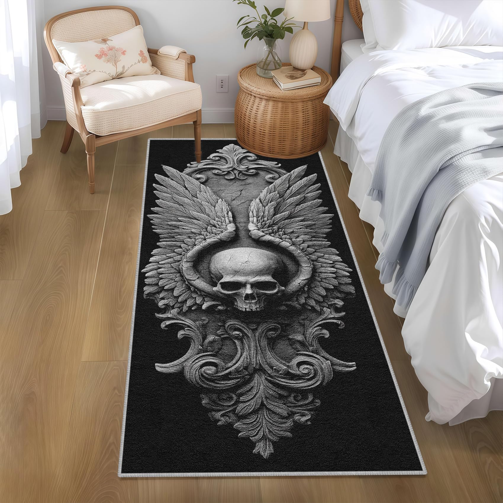 Generisch Gothic Schädel Läufer Teppich Flur 60x180cm Waschbar Engelsflügel Teppichläufer rutschfest Kurzflor Teppich Läufer für Eingang, küche, Schlafzimmer, Wohnzimmer, Korridor ZU&Q348