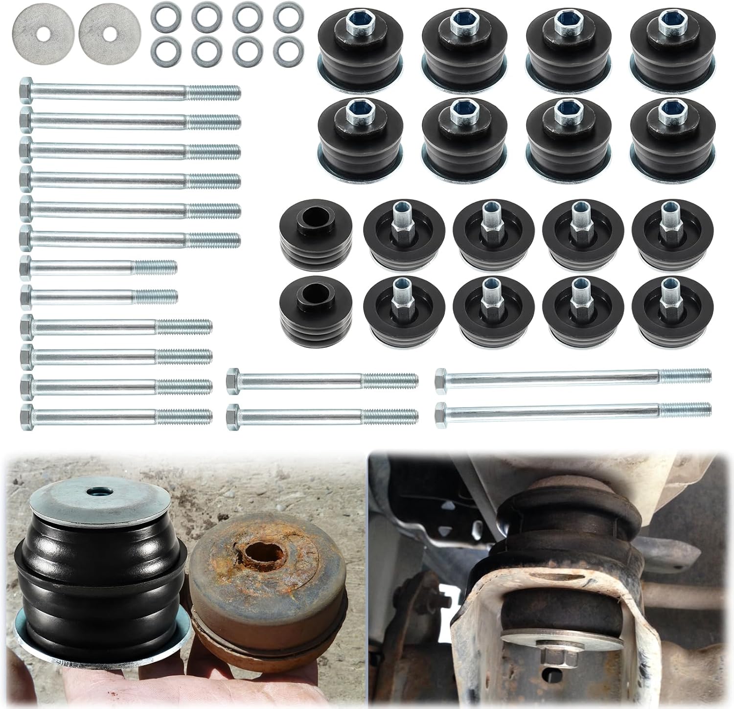 KF04058BK Body Mount Bushing Kit Compatible with Ford F250 F350 1999-2007 Super Duty 2WD/4WD, Body Mounts with Steel Sleeves & Hardware - Improve Bumpy Ride