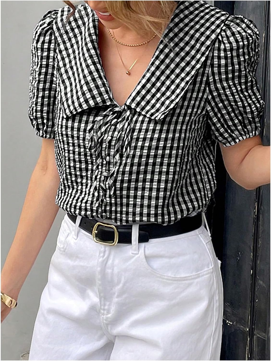 SweatyRocks Women's Lapel Collar Plaid Print Blouse Puff Sleeve Tie Front Button Down Shirts - Image 4