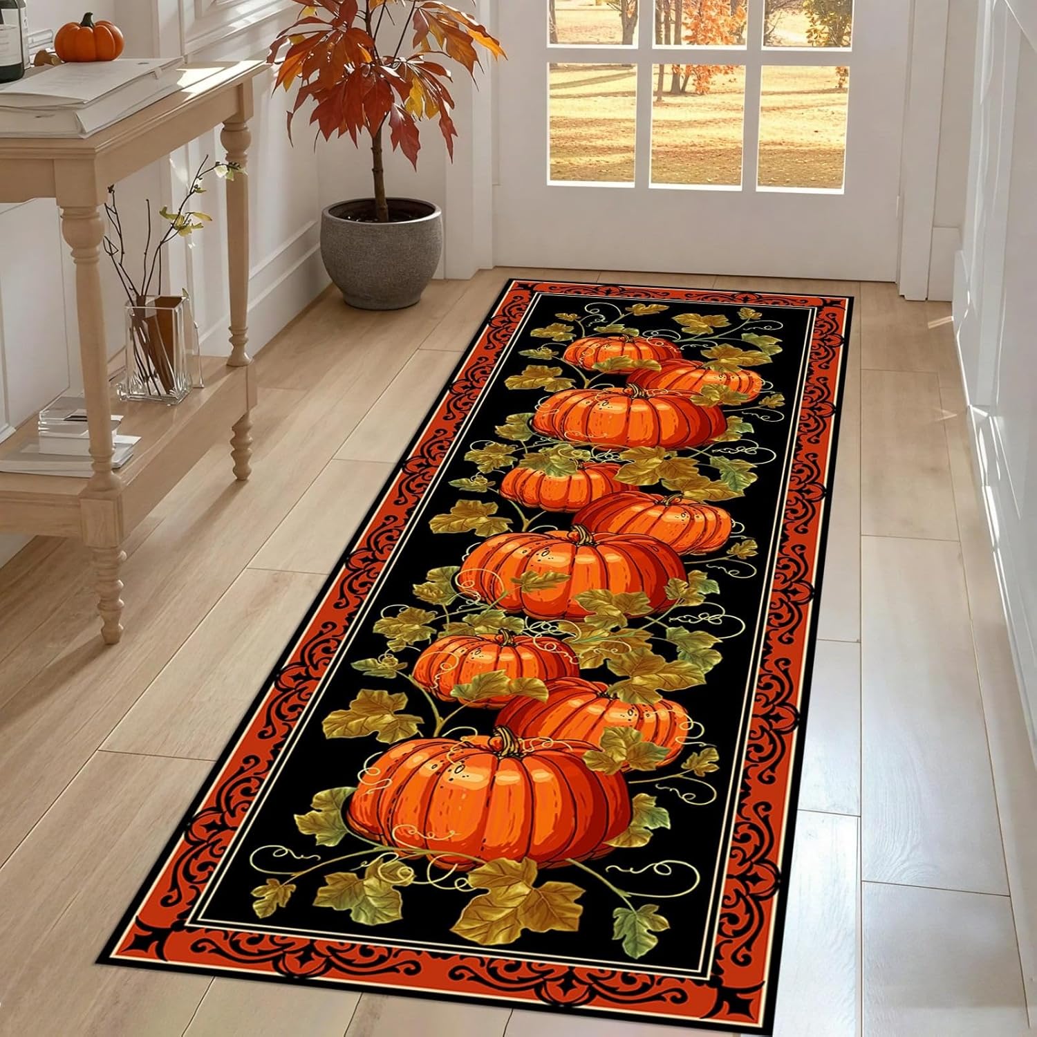 Vintage Pumpkins Fall Runner Rug,2x6ft,Autumn Home Decor Thanksgiving Fall Kitchen Mats,Low Pile Non-Slip Washable Rugs for Hallways Entryway Laundry Bedroom（Orange, Black）