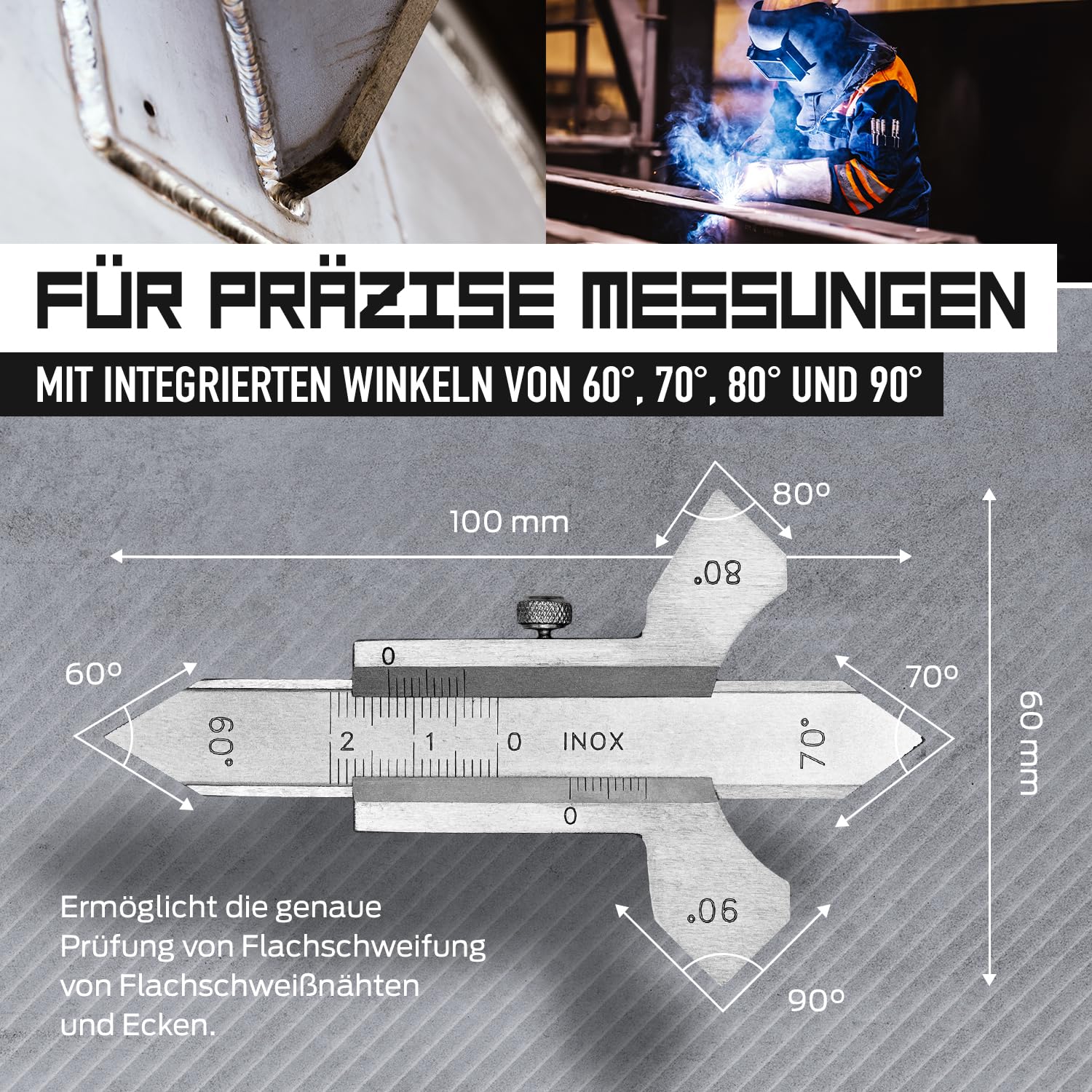 MIB Schweißnahtlehre in Präzisionsausführung, rostfrei & mattverchromt | Messgerät | Messlehre Flachschweißnähte & Ecken | Handwerkzeug | Messbereich 0-20mm | 60°, 70°, 80°, 90° Winkel | inkl. Etui