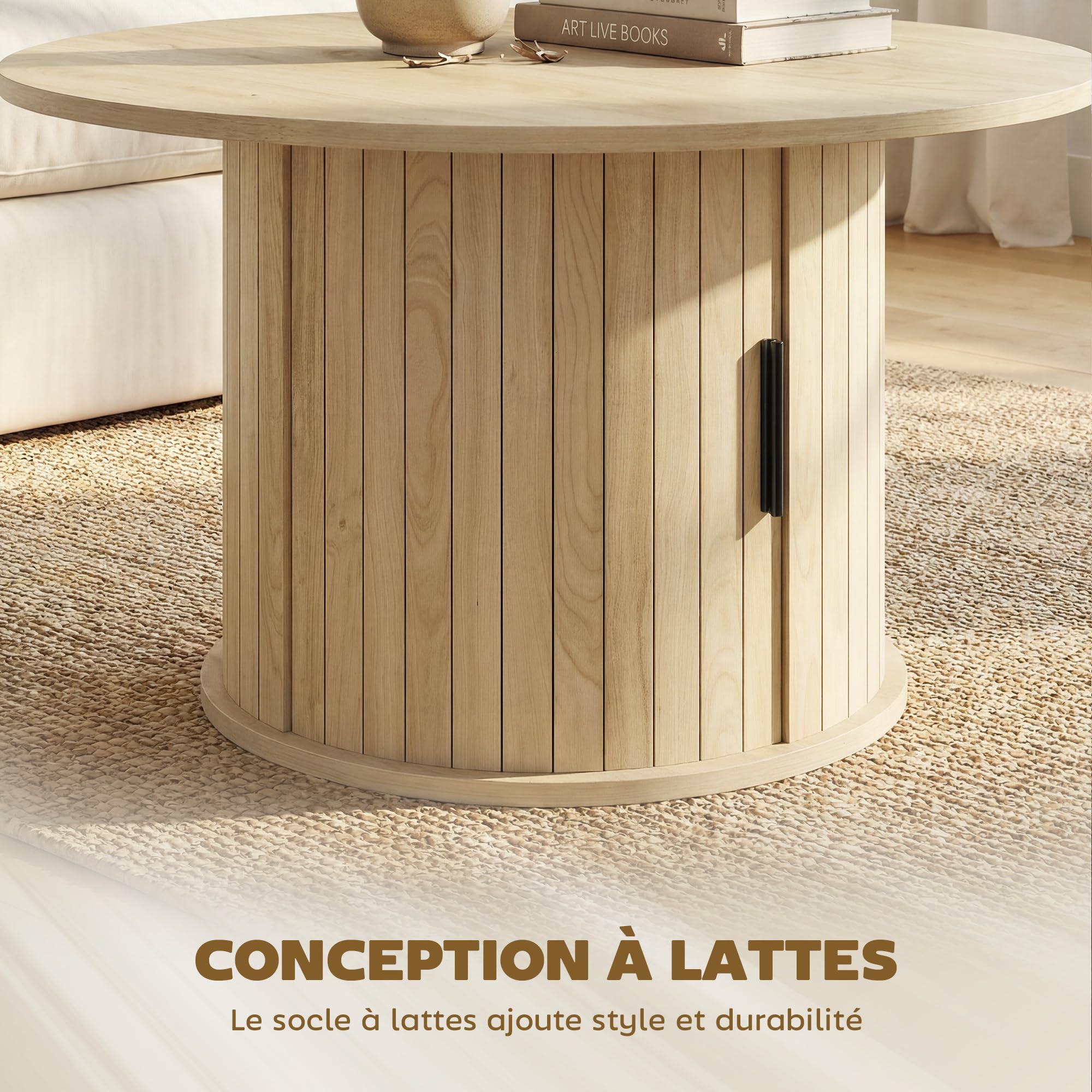 HOMCOM Table Basse Ronde, Table de Salon avec Rangement, Porte coulissante à Lattes, 2 étagères, Patins en Feutre, Style Moderne, pour Salon, Bureau, Ø 80 x 50 cm, Effet Bois Naturel