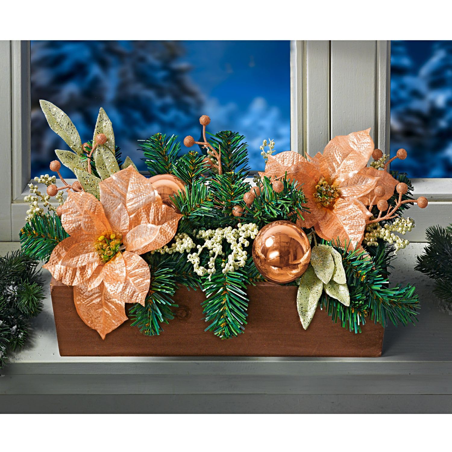 3PAGEN Balkonkasten mit Weihnachtsschmuck 40cm Kugeln und Glitzer Winter Fensterbank