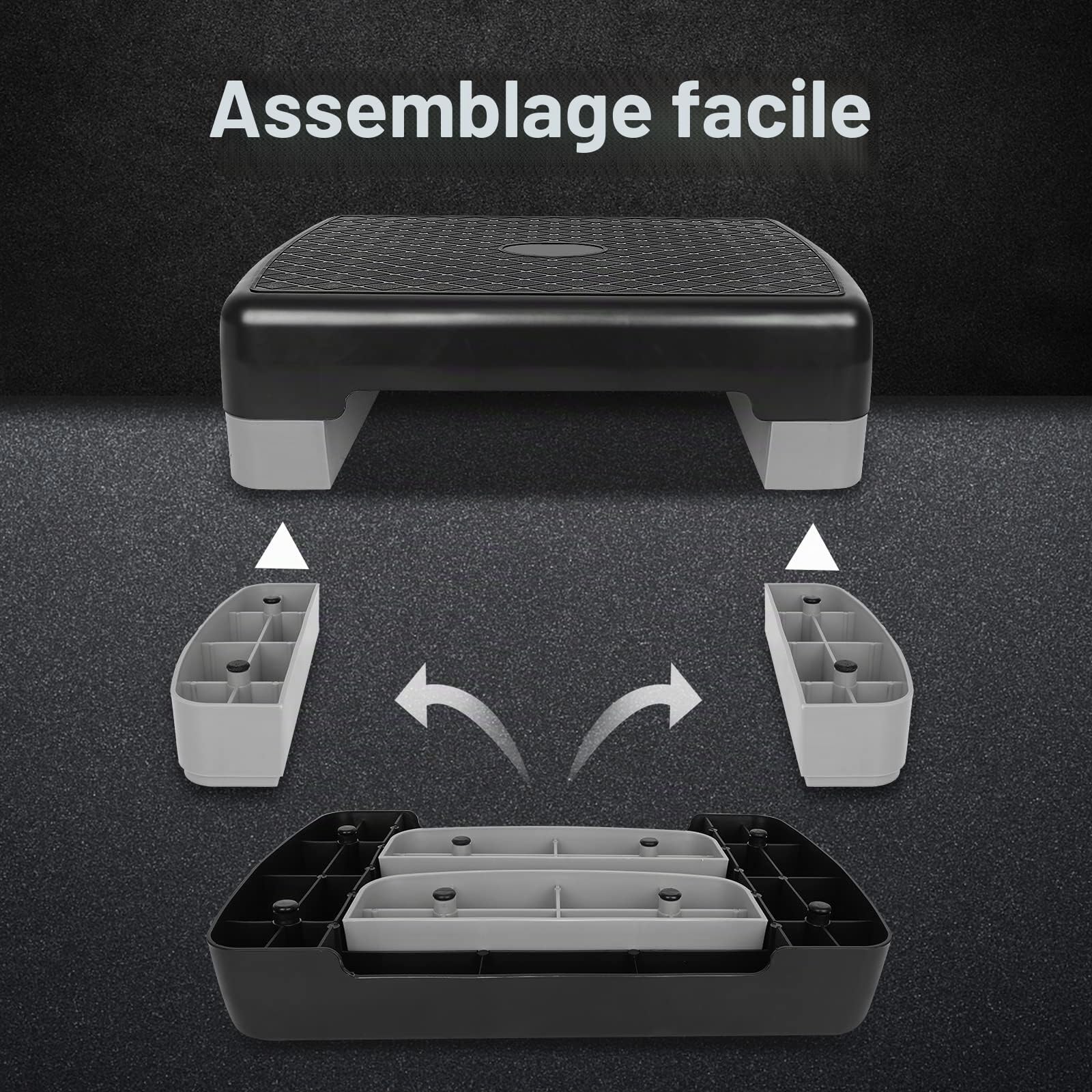 Stepper à 2 niveaux réglables en hauteur pour entraînement aérobic et fitness avec 2 rehausseurs réglables de 10 cm à 15 cm