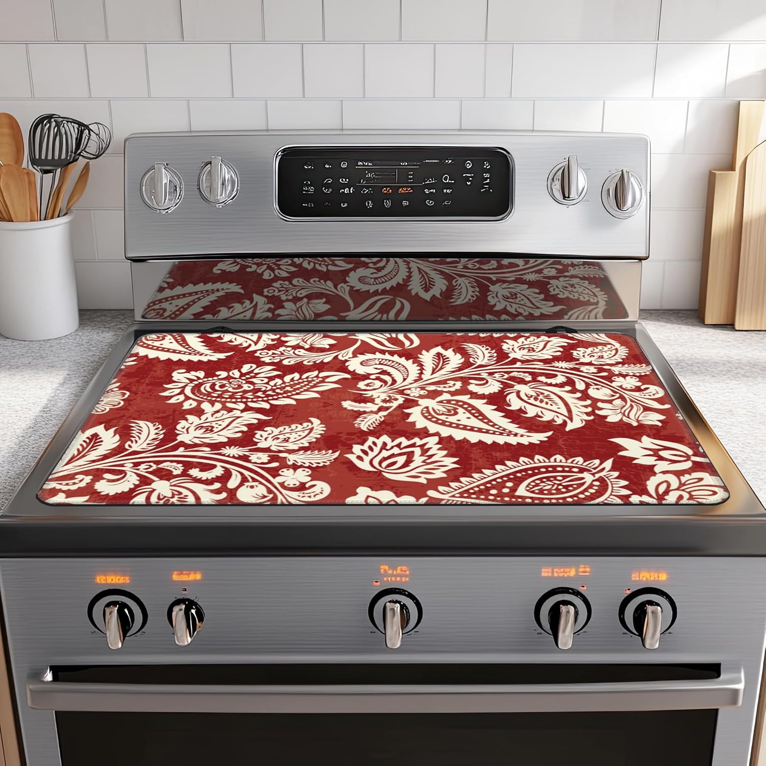 Decorative Electric Stove Cover - Red Indian Floral Design, Non-Slip Heat Resistant Protector for Smooth/Glass Top Stoves, Fits 28.5'' x 20.5'' (Not for Gas or Coil)