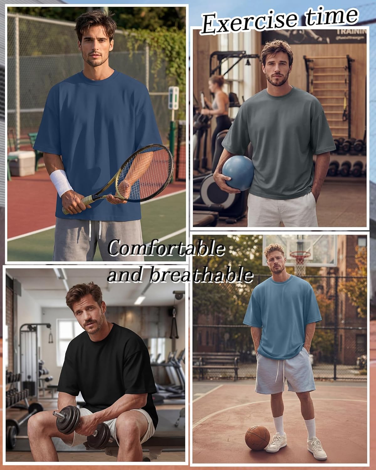 August Alley 4 Pack Men's Oversized Gym T Shirts Baggy Workout Summer Tees Tops Loose Fit Crew Neck Short Sleeve Shirts