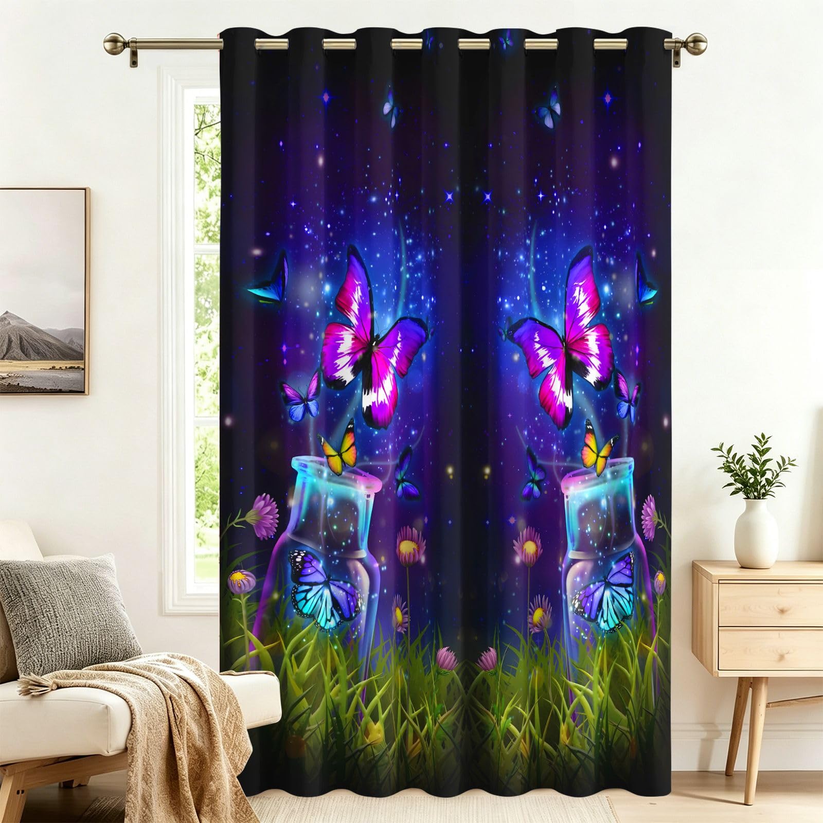 Fadaing Room Divider Curtains, Blackout, Fluorescent Butterfly Curtains with Eyelets, 1 Piece, 183 x 132 cm, Blackout Thermal Curtains, Heat Insulating, Winter, Summer, Thermal Protection, Indoor Sun