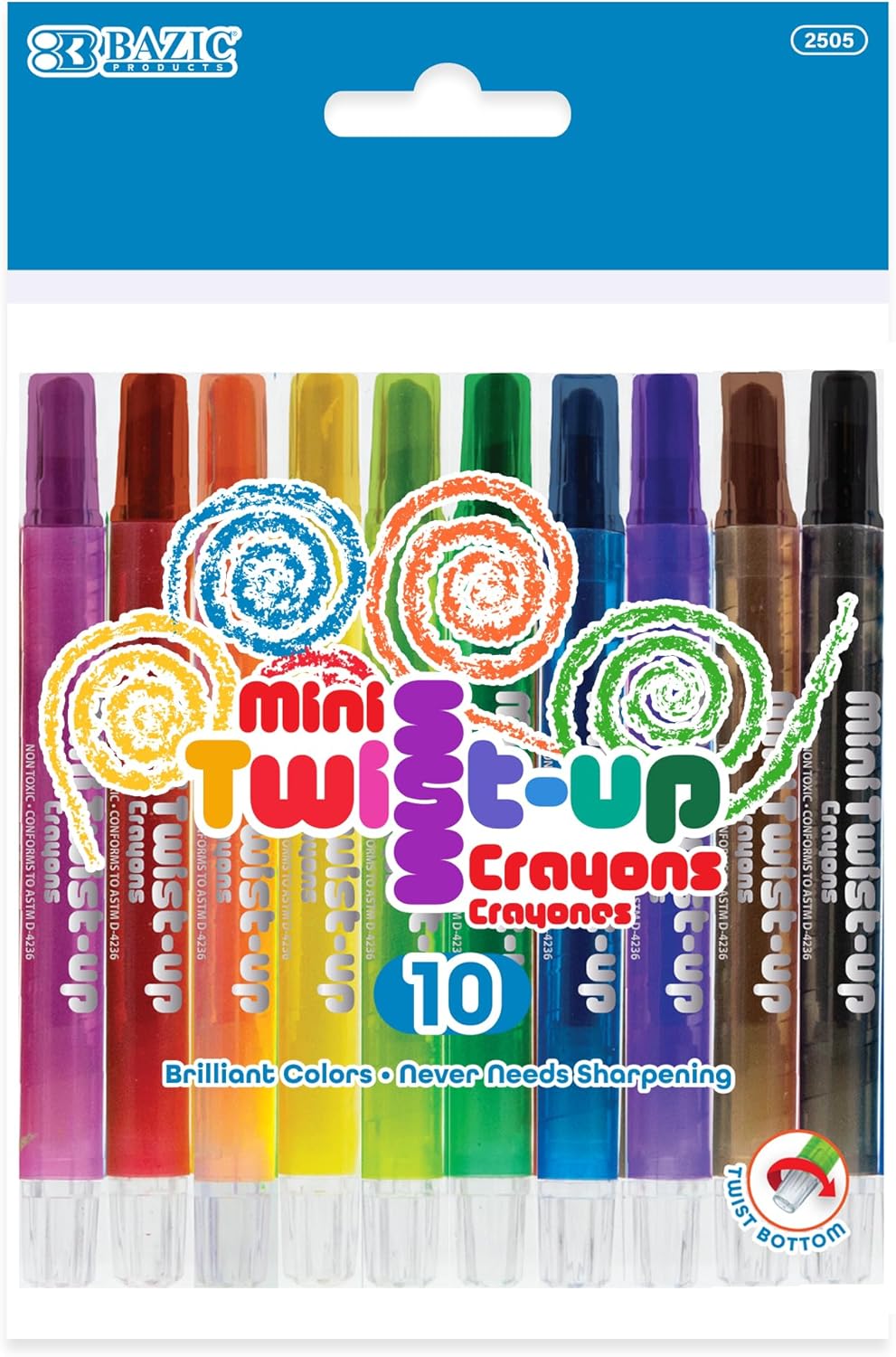 BAZIC PRODUCTS 10 Color Twistable Crayons, Mini Twist Up Propelling Assorted Color Crayon, Coloring Drawing Art Supplies for Office School, 24-Packs