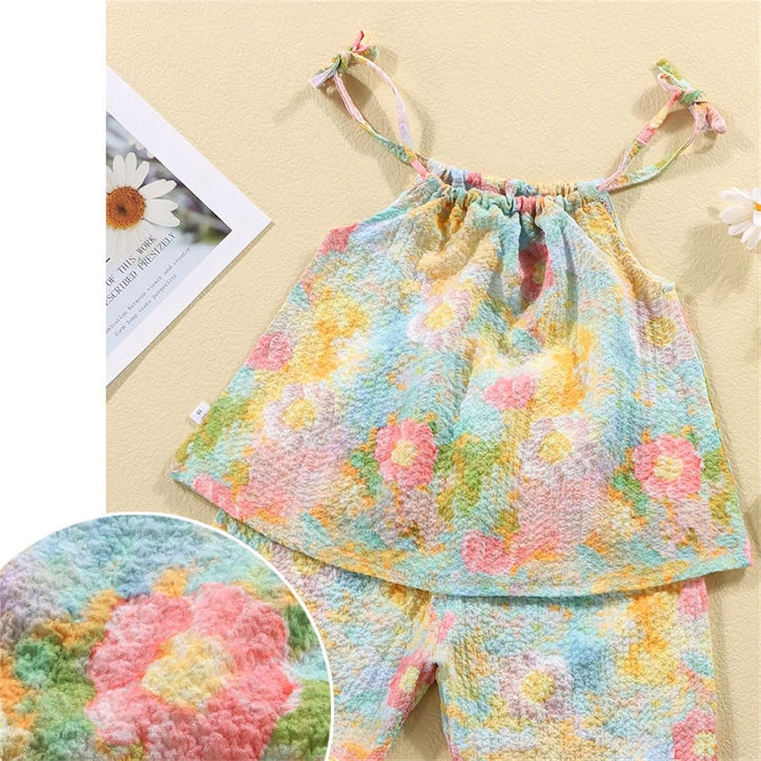 Girls 2 Piece Summer Outfits Adjustable Strap Camisole and Shorts Oil Painting Artistic Outfits for Kids Cute Graphic Clothes