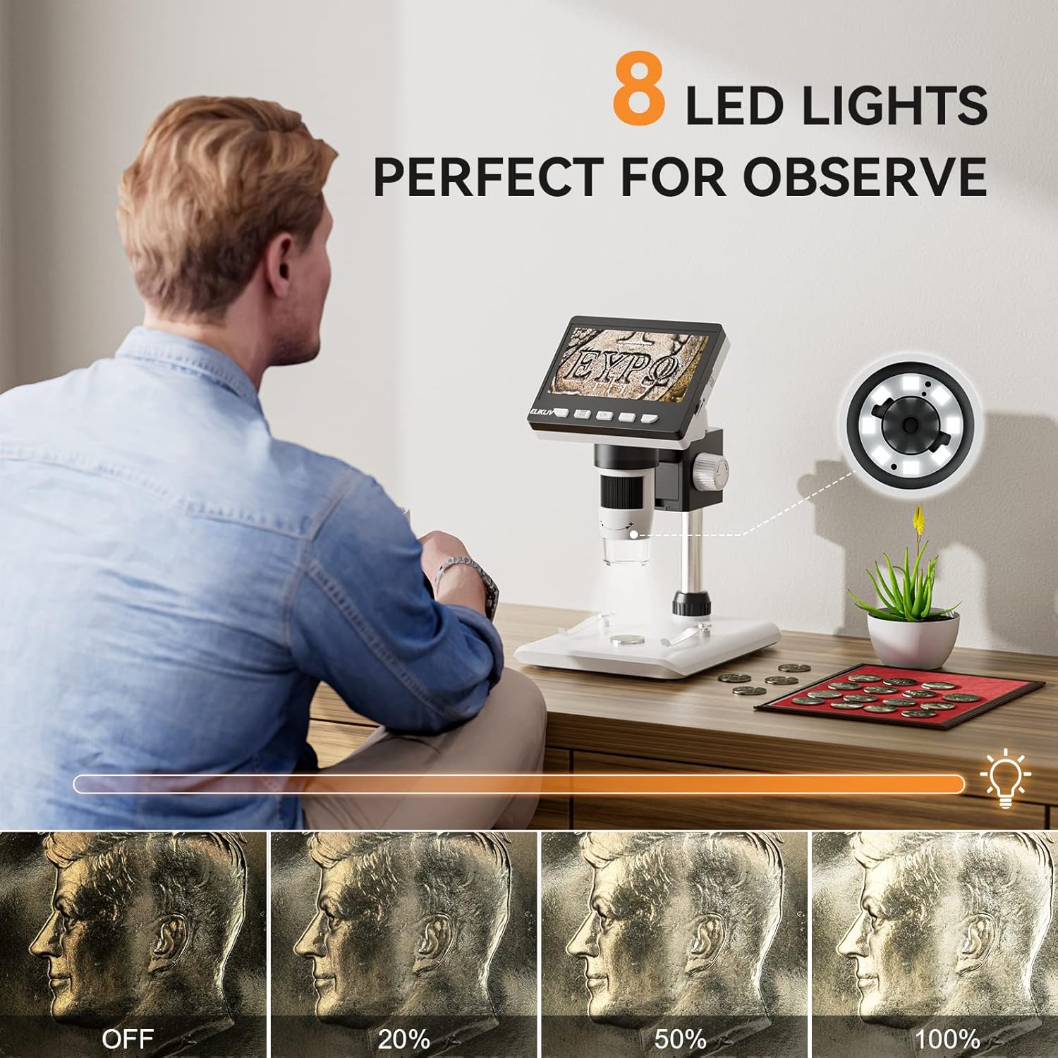 Elikliv EDM43 4.3" Coin Microscope, LCD Digital Microscope 1000x, Coin Magnifier with 8 Adjustable LED Lights, PC View, Windows Compatible(White) : Electronics