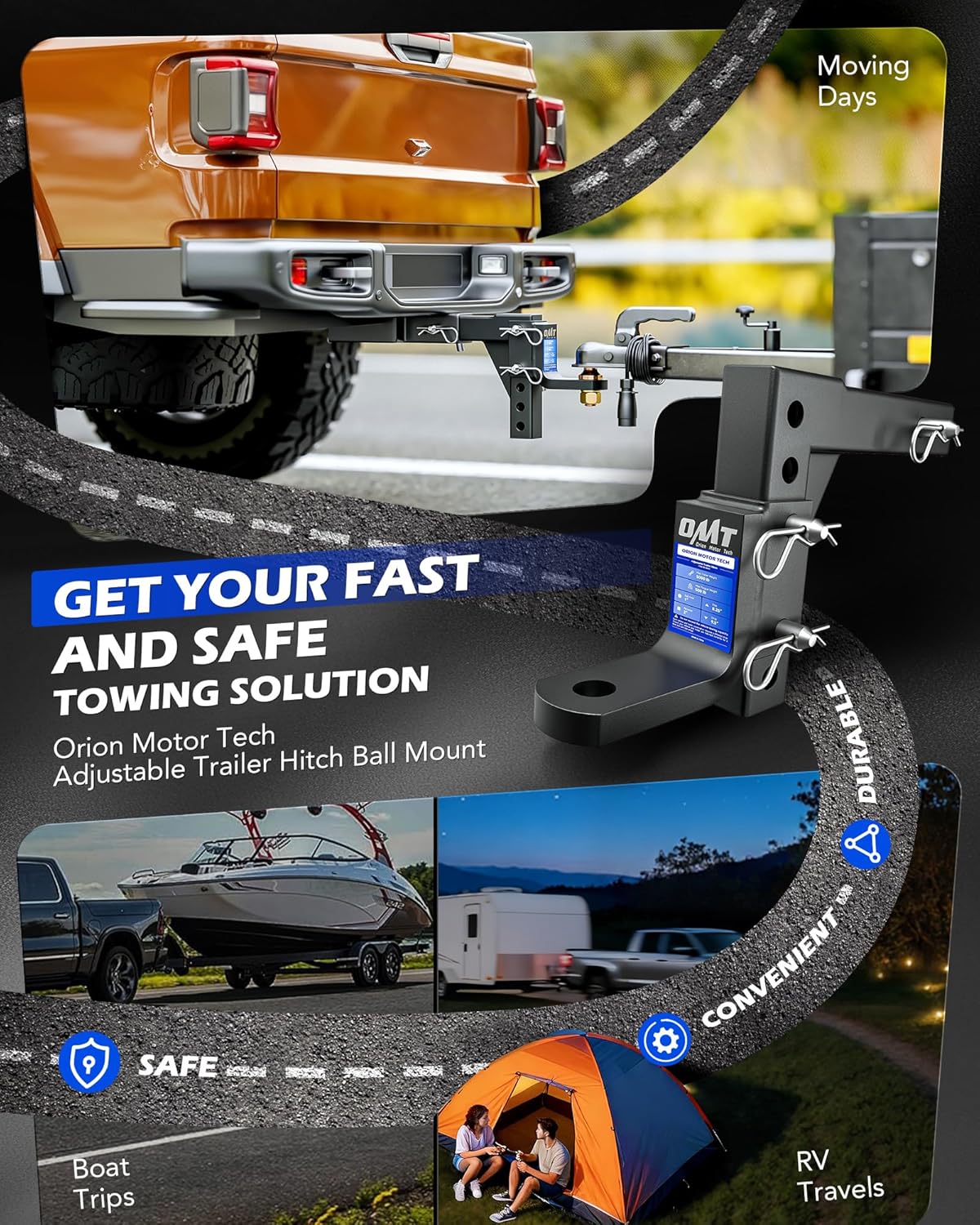 Orion Motor Tech Adjustable Trailer Hitch Ball Mount, 8-Position Tow Hitch for 2" Receiver with 1" Ball Hole 9-1/2" Drop 8-1/4" Rise 5000 lb Capacity, Heavy-Duty Ball Hitch for Truck Boat RV Cargo - Image 2