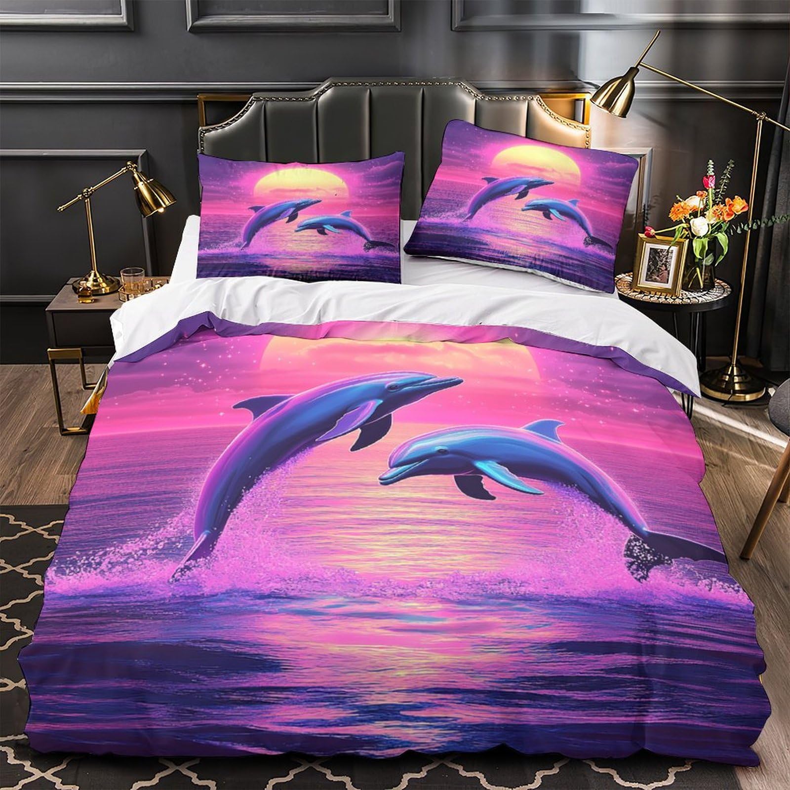 Housse de couette dauphin 3D Super King 260x220 cm avec ses 2 taies d'oreiller assorties