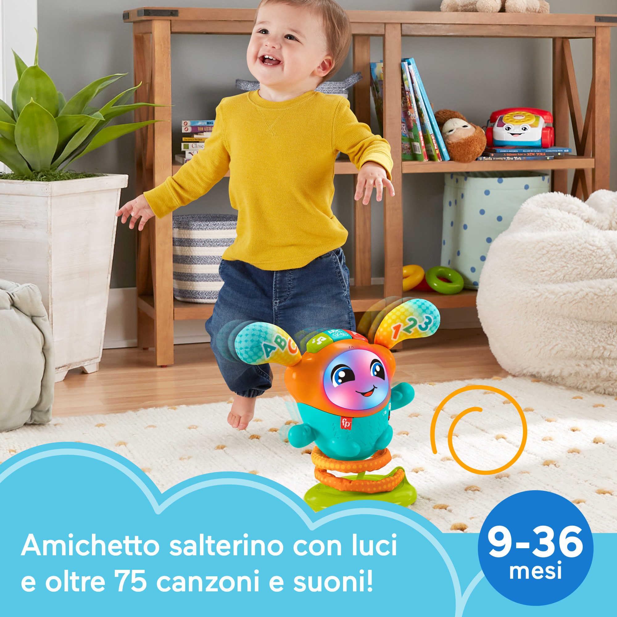 Fisher-Price - DJ Nino Salterino, edizione ITALIANO,SP, PORT, giocattolo musicale interattivo ed educativo con luci e azione saltellante, Giocattolo per Bambini 9-36 Mesi, HJP91