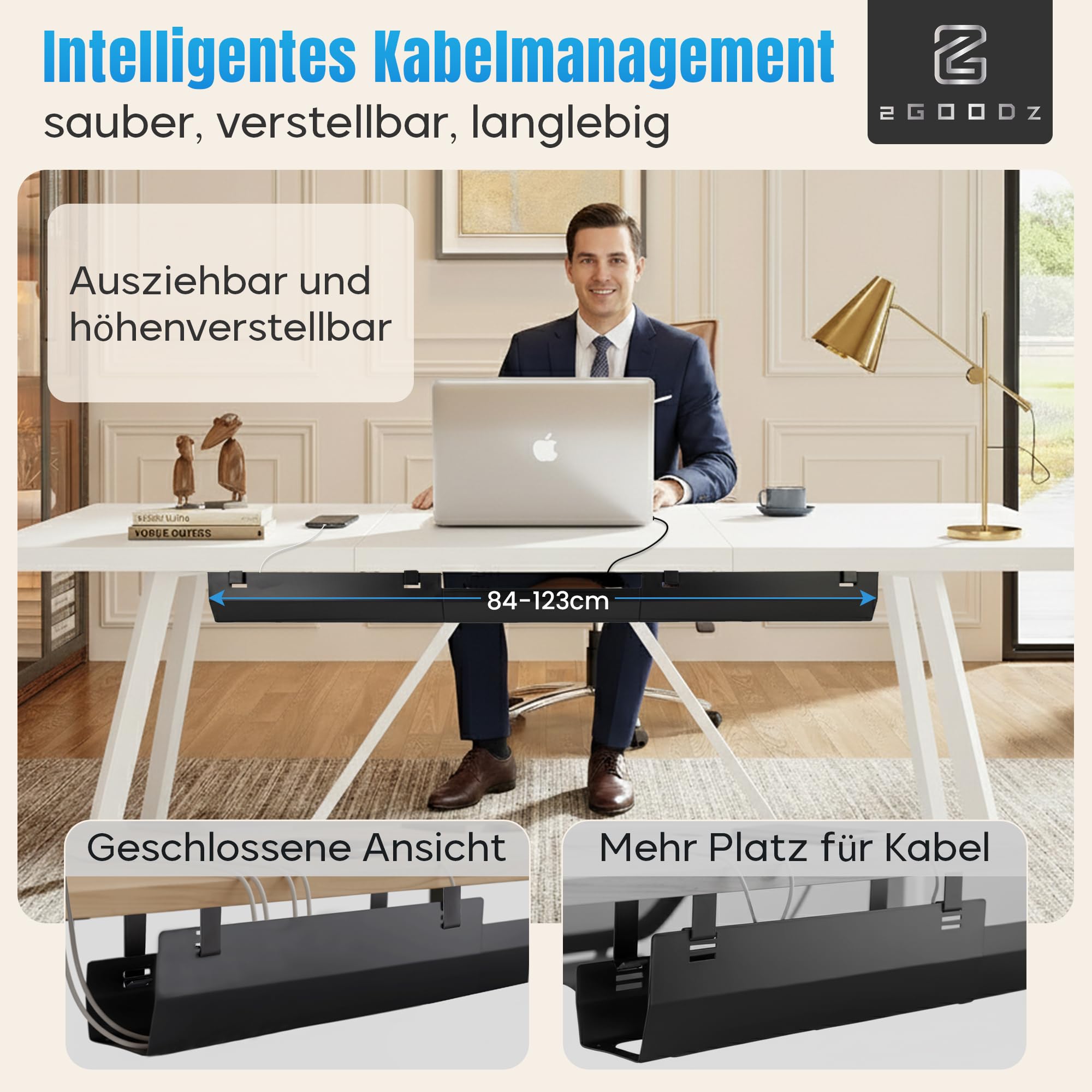 2GOODz Kabelwanne für Schreibtische, geneigt, ausziehbar 84-122 cm, legierter Stahl