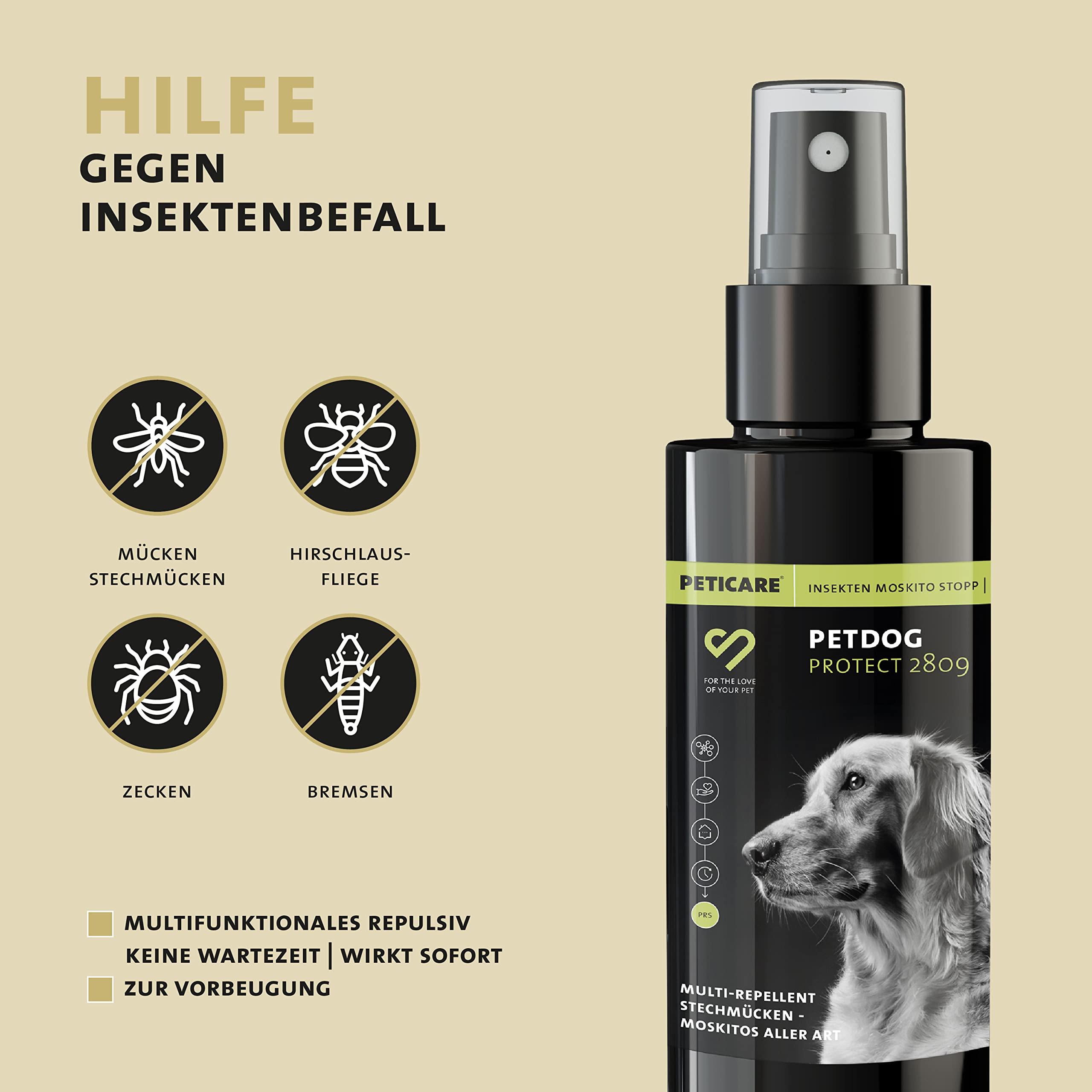 Peticare Spray przeciw owadom dla psów | Przeciw komarom, gzom, meszkom i innym muchówkom | Natychmiastowy efekt | Unikalny system PRS® zapewniający długotrwałą ochronę – petDog Protect 2809