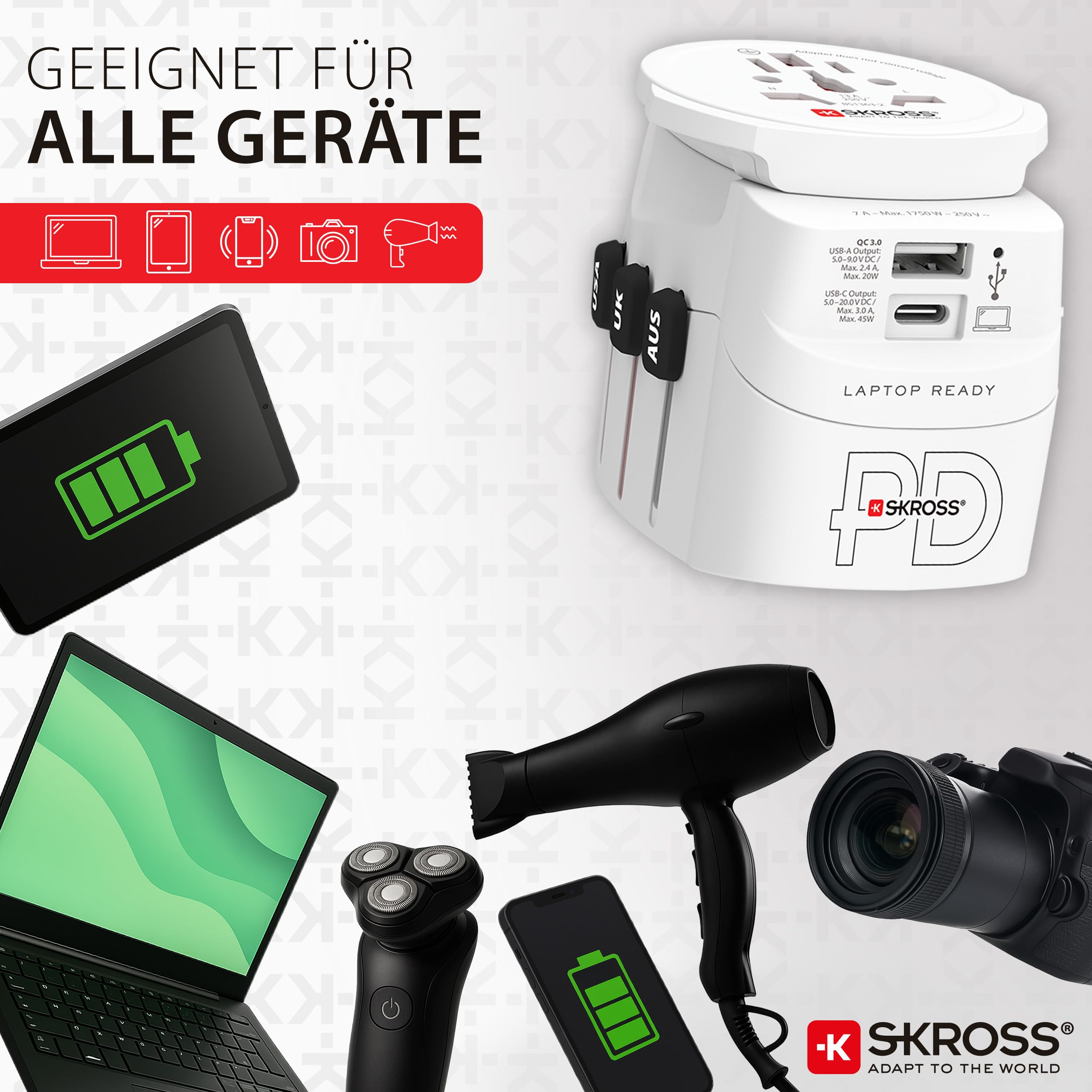 SKROSS - PRO Light USB AC45PD uniwersalny adapter podróżny do i na świat z 2 gniazdami USB - szybkie ładowanie 45 W - napięcie i moc: 100 V AC - 700 W / 250 V - 1750 W