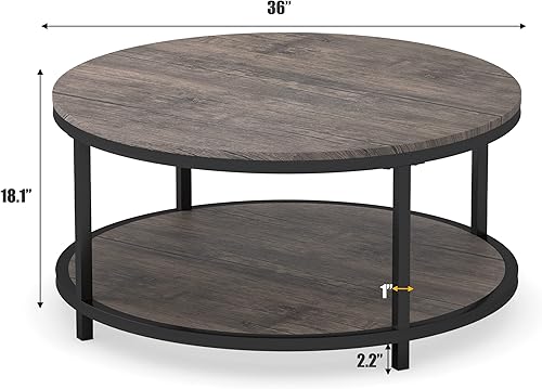 Miniatura 2 de WiberWi Mesa de Centro Redonda de 35.8" Mesas de Centro Circulares para Sala de Estar Mesa de Cóctel Industrial Rústica con Marco de Metal Gris