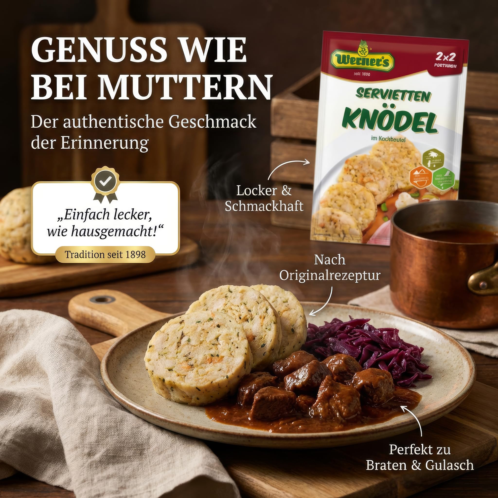 Werner Serviettenknödel im Kochbeutel – Klassische Knödelbeilage – Ohne Palmöl, ohne Geschmacksverstärker & ohne Farbstoffe